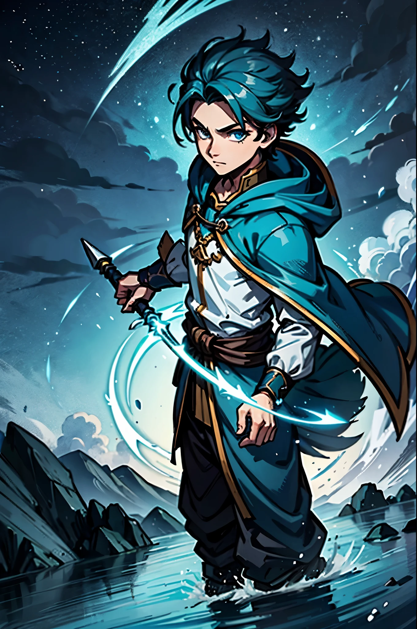 a boy,men,swordsman,cyanhair,whirlwind,Cheerful,agility,cloak,storm,Cyan clothes,ultra high definition,stand