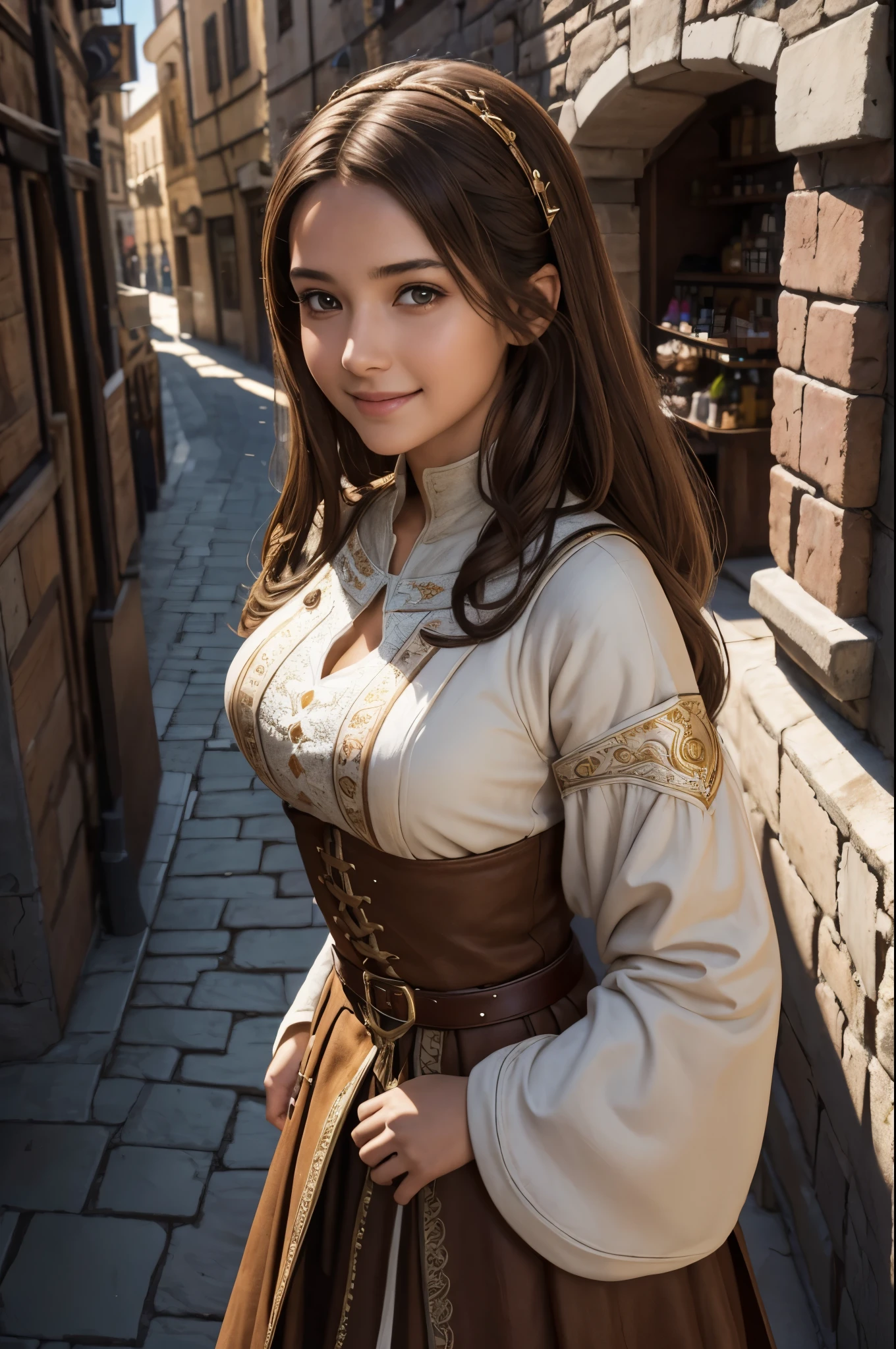 8K,A young medieval woman is shopping,smile,brown and white village girl,Brown skirt,brown hair,medieval shopping street,Photorealistic RAW photos of the highest quality。bright colors,rich colors, Backlight, cinematic lighting, film grain, to be born, 50mm lens, Nikon D850,realistic skin,fantasy art,character art,ultra high resolution,realistic skin,perspective from above,