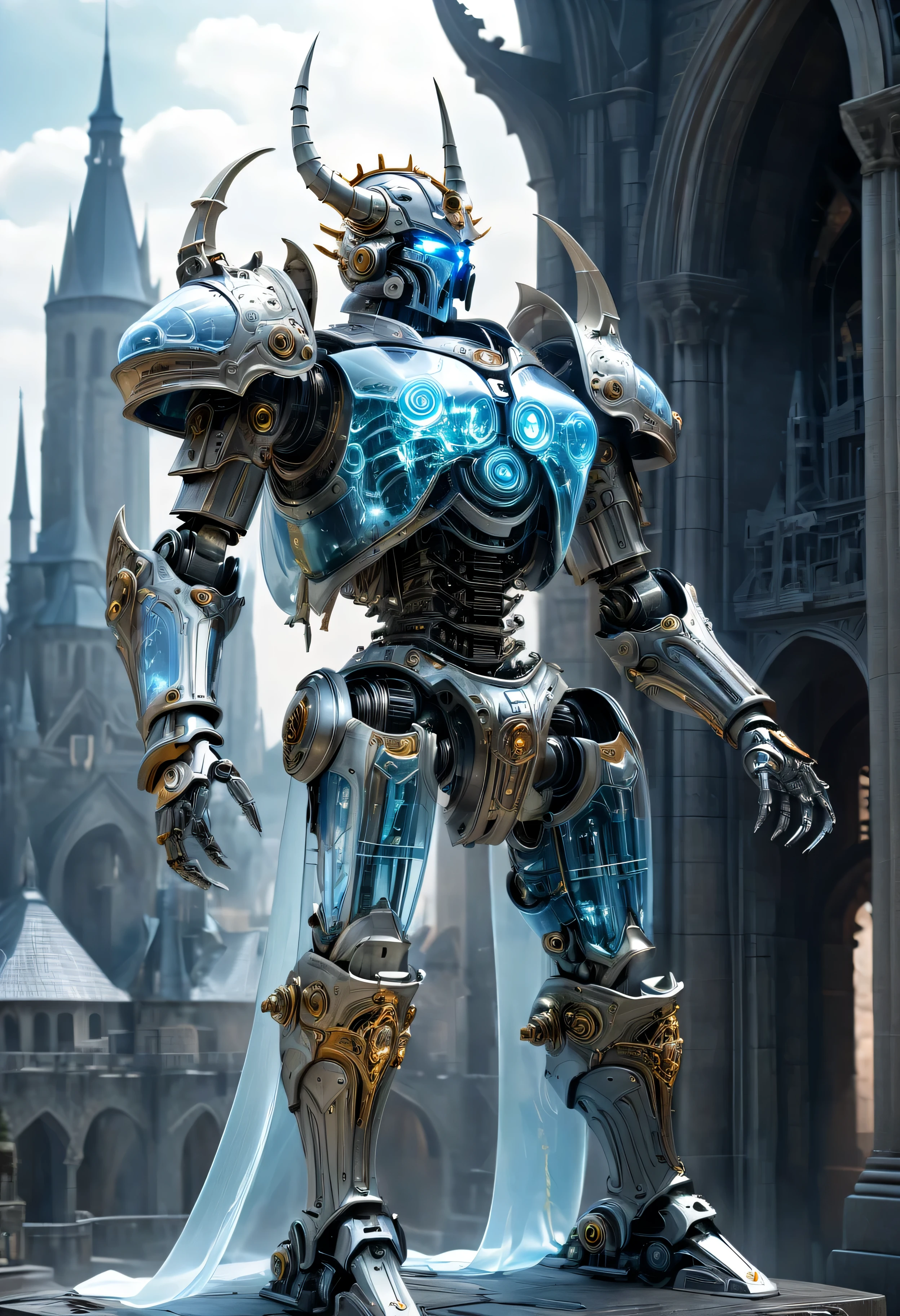 Translucent Ethereal Future Weapon Lich King,metal mechanical surface,Mechanical joint,wearing a mecha,mechanical structure,liquid metal,High-tech equipment,Spectacular high-tech space landscape,The integration of future technology and medieval cities,Medieval ancient palace,Medieval ancient bell tower,medieval antiquity,Translucent Ethereal Future Weapon Lich King,Model shooting style, (Extremely detailed CG unified 8k wallpaper), The beauty of abstract style,,Surrealism, 8k, Super details, best quality, Award-winning, anatomically correct, 16k, Super details,闪闪发光的neon lights,cosmic energy field,neon lights,laser light,fluorescence,space light,glow effect,androgynous lighting,rainbow foil,Unreal Engine,Deep hybrid minimalism,