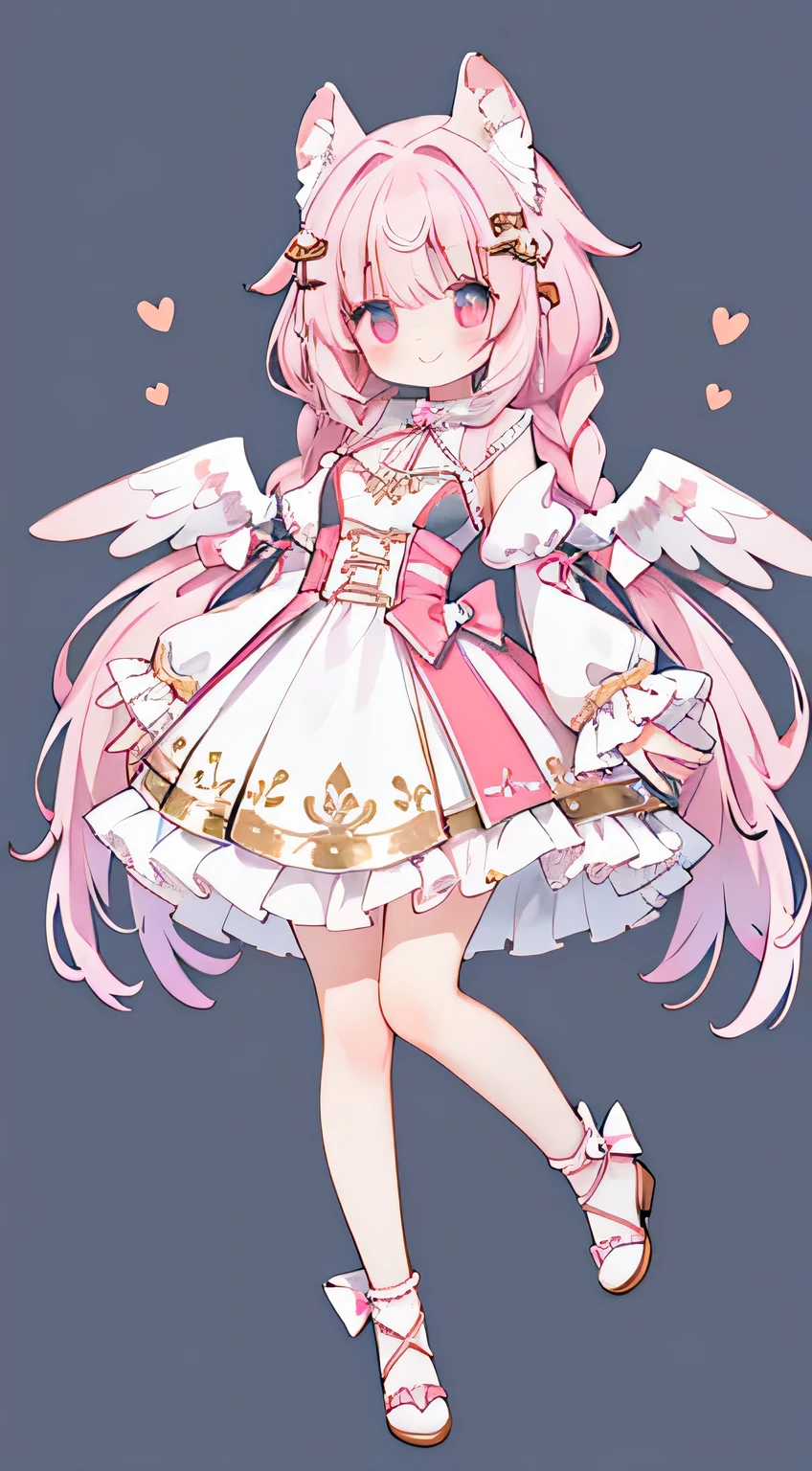 full body Esbian、Standing picture、One girl、Pink eyes、Angel wings、spot light、Angel Dress、Stage frills、Smile、cute little、transparent haired、Transparent hair、white hair、Braids、Pop angel wings、stick、cute little、Calm、Top image quality、top-quality、pink hair