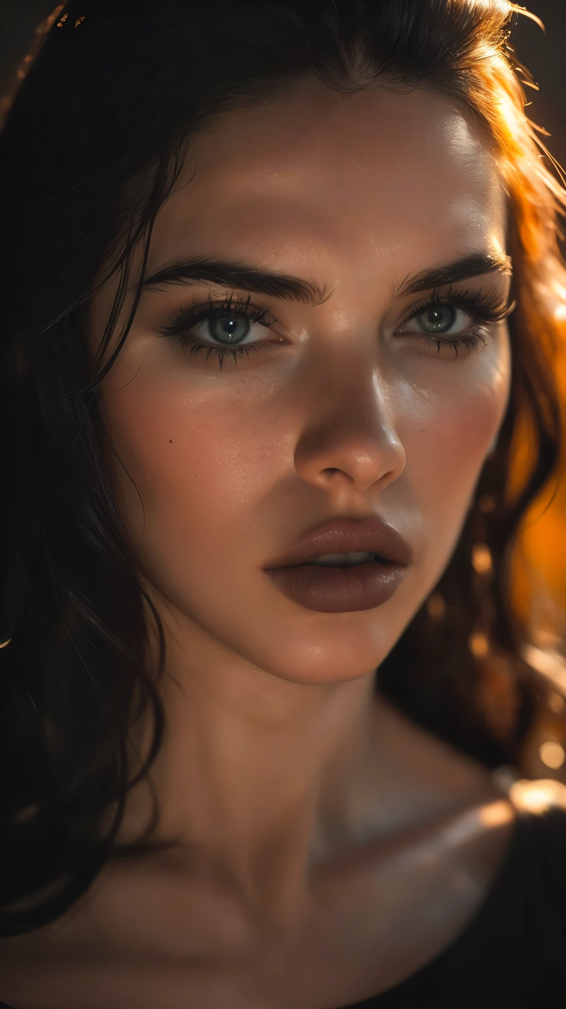 (((ultra realistic))) Photo, masterpiece, top quality, (pale skin), (Ultra detailed face and eyes:1.3), 1 girl, Adult, in a black T-shirt, (Eye makeup, black mascara) , ((large detailed lips)), ((Dark wavy hair)), ((Chyolka)) , (Natural breasts), ((Posing)), photoshoot, (Side light), (The play of light and shadows), depth of field, bokeh, (special attention to skin detail: 1.2), Detailed leather texture, skin pores. (Dark atmosphere of the frame. Color range - black, orange, Red, yellow tones), UDR, (Film grain), (rays), ((Glare)), ((close-up portrait, close to the camera)) , ultra detialed,