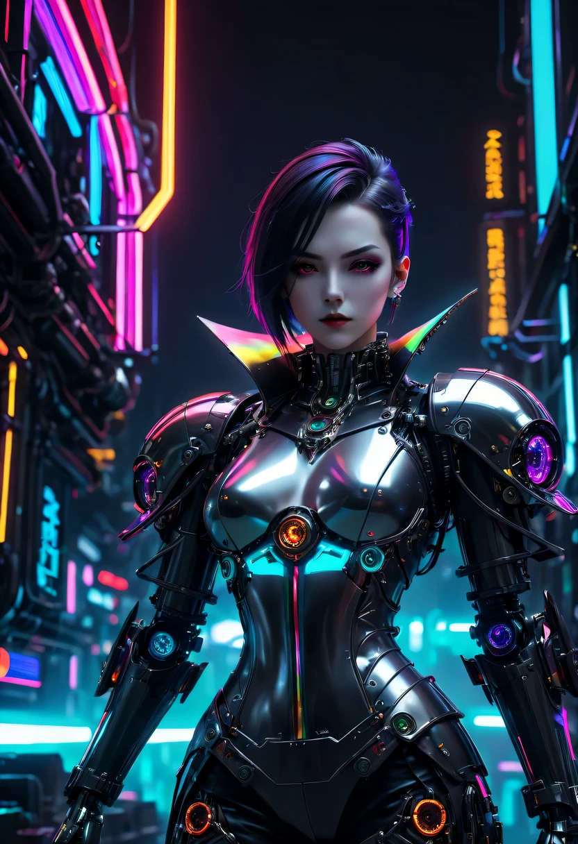 控制论vampire,vampire, metal mechanical surface，Mechanical joint，wearing a mecha,mechanical structure，liquid metal，High-tech equipment，cyberpunk，Steampunk，fault art，Holographic projection，mechanical aesthetics，，neon lights，laser light，fluorescence，space light，glow effect，androgynous lighting，rainbow foil，Unreal Engine，Deep hybrid minimalism，