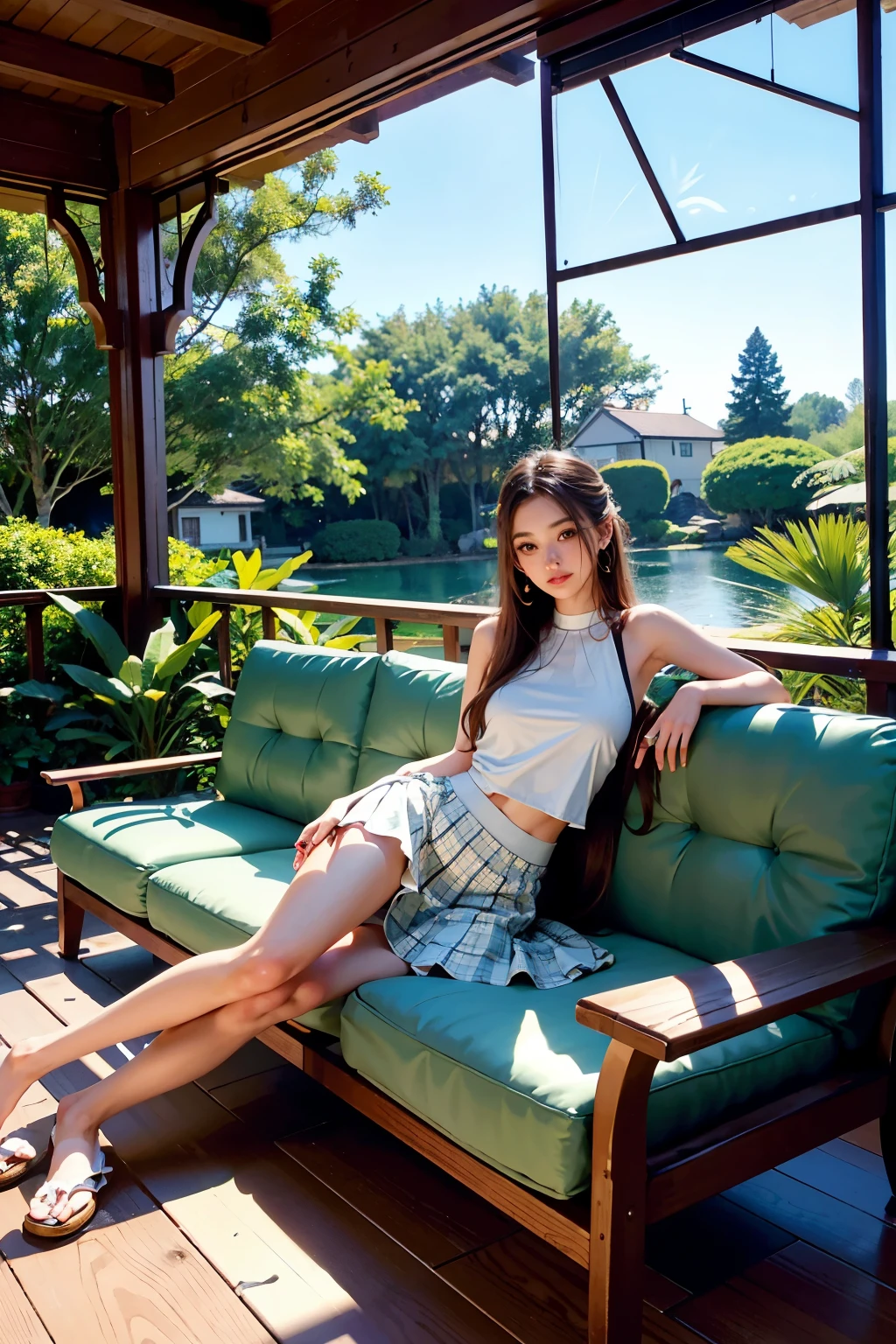 Wonderful Girl, wearing a skirt that cascades down her legs, lies face down on the plush couch in the villa. Her golden locks of hair spread out around her, creating a beautiful scene against the pristine white fabric of the couch. French floor-to-ceiling windows adorn the villa, filling the room with an abundance of natural light. The wide landscape deck outside frames a breathtaking view of the serene garden, adding to the peaceful ambiance. With the light filtering in through the windows, the girl's delicate features are illuminated, accentuating her flawless complexion. The vibrant colors of the garden and the tranquil water features create a scenic back