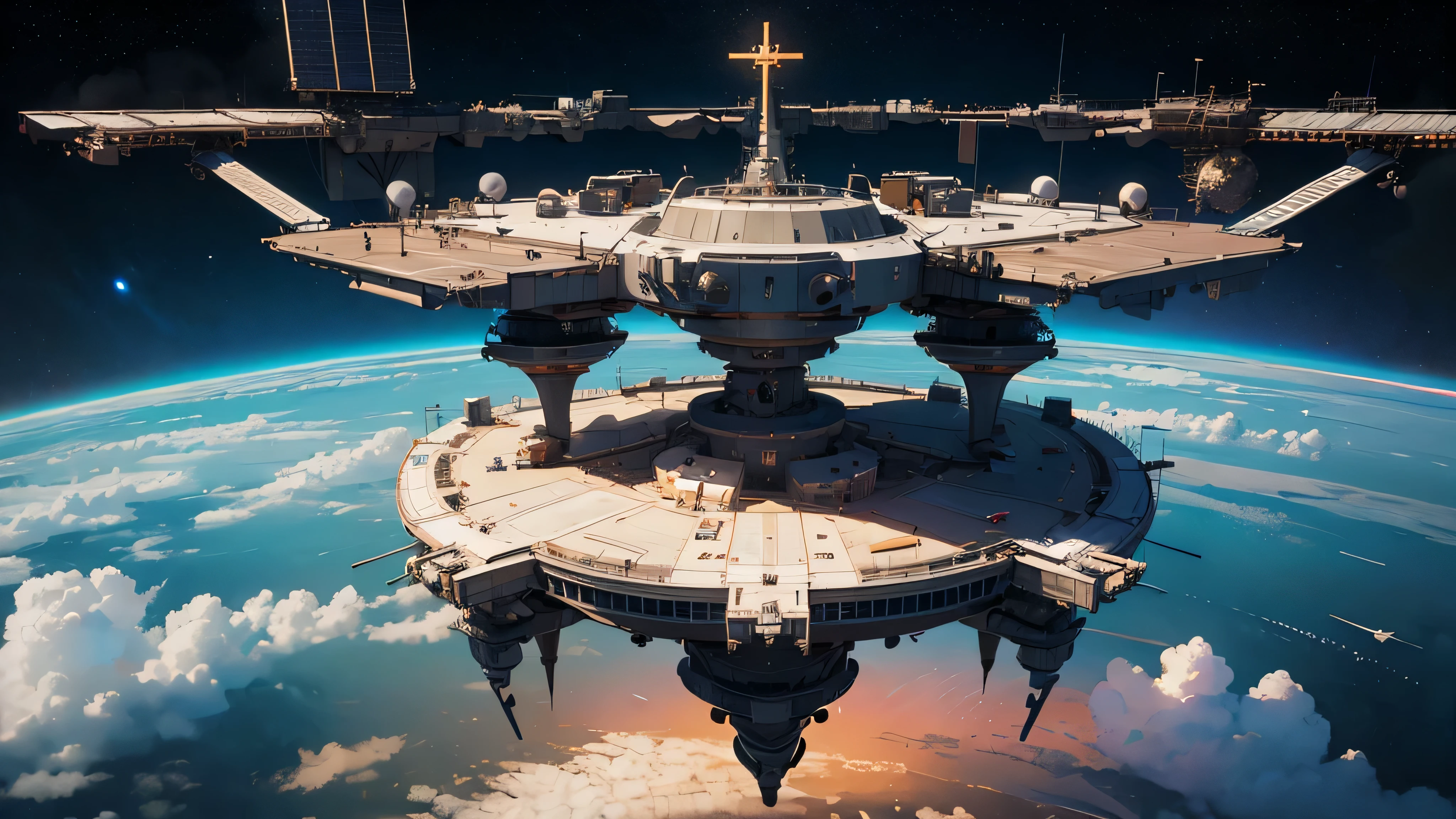 (masterpiece, best quality: 1.2),HD,Ultra-clear,8k,(high resolution),((low saturation)),wide angle,The giant space station of the future,(advanced),cloudy day,stellar,Light effect,greg rutkovsky,Unreal Engine,james gurney,Art Space Station,Highly detailed matte,bright color scheme,clean background,Far corner,(Futurism),gear,CG,,chip,Sea of glass,(cross),