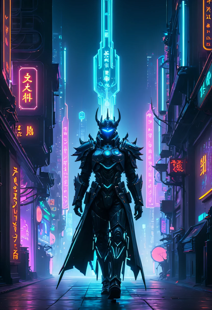 (Demon battlefield背景:1.8)，On the war zone，There are a lot of wars，Gunsmoke fills，Demon battlefield，Mechanical Lich King，Lich King future weapons，mechanical structure，High-tech equipment，magical beings，cyberpunk，Holographic projection，fault art，mechanical aesthetics，neon lights，laser light，fluorescence，glow effect，liquid metal，Copper plate engraving，Unreal Engine