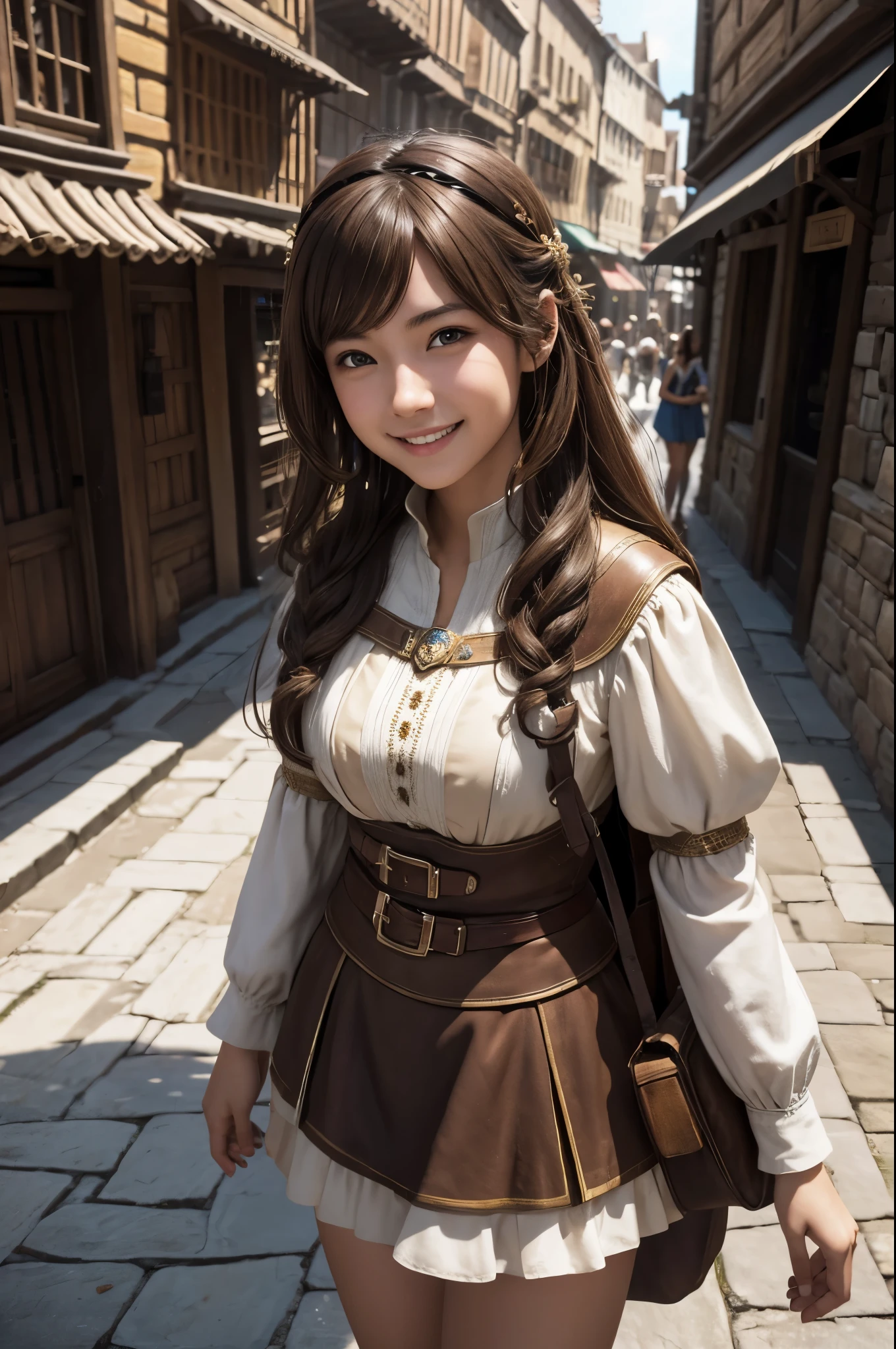 8K,A young medieval woman is shopping,smile,brown and white village girl,Brown skirt,brown hair,medieval shopping street,Photorealistic RAW photos of the highest quality。bright colors,rich colors, Backlight, cinematic lighting, film grain, to be born, 50mm lens, Nikon D850,realistic skin,fantasy art,character art,ultra high resolution,realistic skin,perspective from above,大きなsmile,