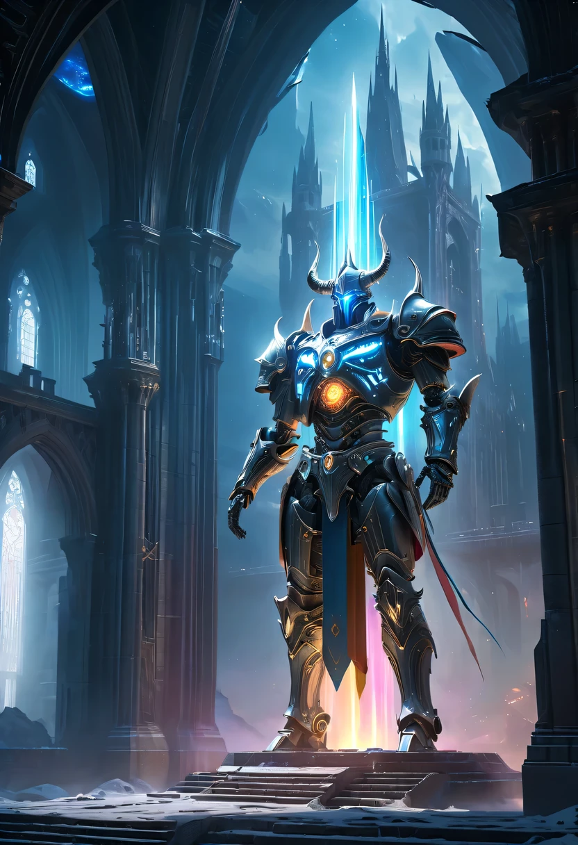 Translucent Ethereal Future Weapon Lich King,Spectacular high-tech space landscape,The integration of future technology and medieval cities,Medieval ancient palace,Medieval ancient bell tower,medieval antiquity,Translucent Ethereal Future Weapon Lich King,Model shooting style, (Extremely detailed CG unified 8k wallpaper), The beauty of abstract style,,Surrealism, 8k, Super details, best quality, Award-winning, anatomically correct, 16k, Super details,闪闪发光的neon lights,cosmic energy field,neon lights,laser light,fluorescence,space light,glow effect,androgynous lighting,rainbow foil,Unreal Engine,Deep hybrid minimalism,
