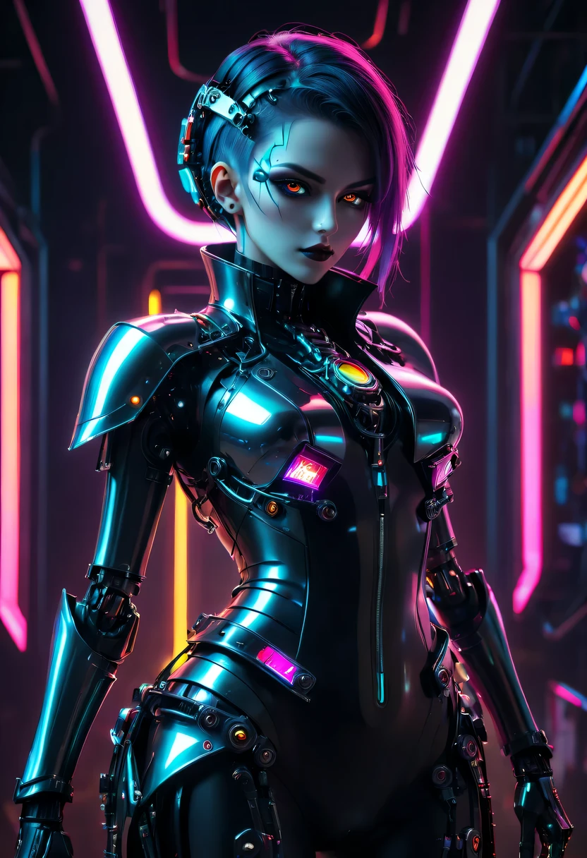 Cybernetic vampires,Vampire butler, metal mechanical surface,Mechanical joint,wearing a mecha,liquid metal,High-tech equipment,cyberpunk,Steampunk,fault art,Holographic projection,mechanical aesthetics,,neon lights,laser light,fluorescence,space light,glow effect,androgynous lighting,rainbow foil,Unreal Engine,Deep hybrid minimalism,