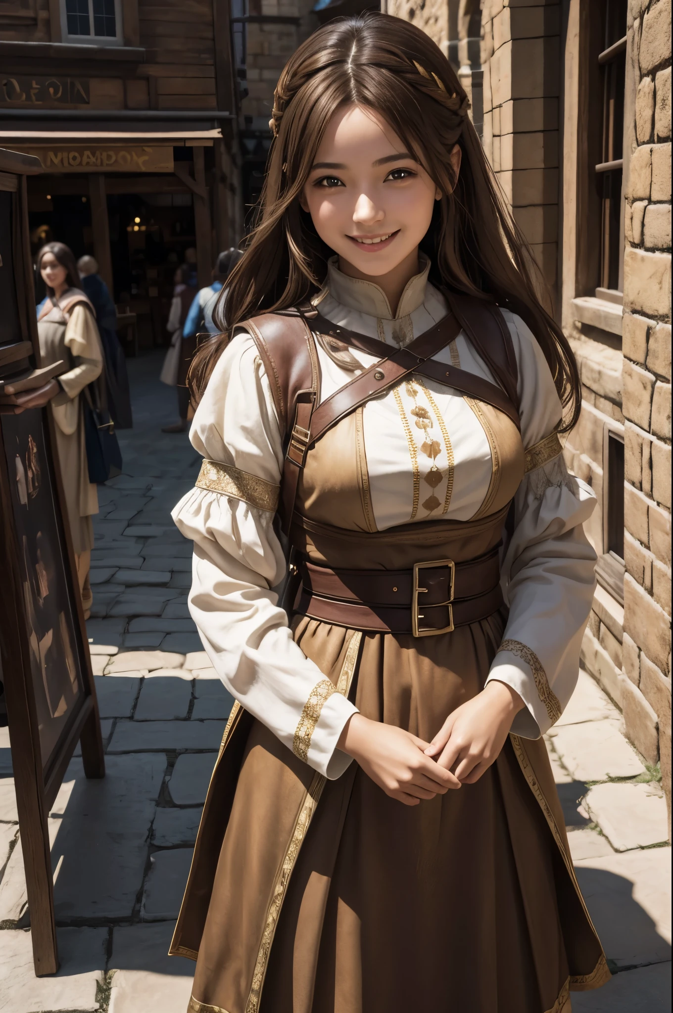 8K,A young medieval woman is shopping,smile,brown and white village girl,Brown skirt,brown hair,medieval shopping street,Photorealistic RAW photos of the highest quality。bright colors,rich colors, Backlight, cinematic lighting, film grain, to be born, 50mm lens, Nikon D850,realistic skin,fantasy art,character art,ultra high resolution,realistic skin,perspective from above,