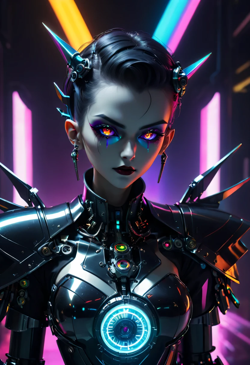 Cybernetic vampires,Vampire butler, metal mechanical surface，Mechanical joint，wearing a mecha,liquid metal，High-tech equipment，cyberpunk，Steampunk，fault art，Holographic projection，mechanical aesthetics，，neon lights，laser light，fluorescence，space light，glow effect，androgynous lighting，rainbow foil，Unreal Engine，Deep hybrid minimalism，