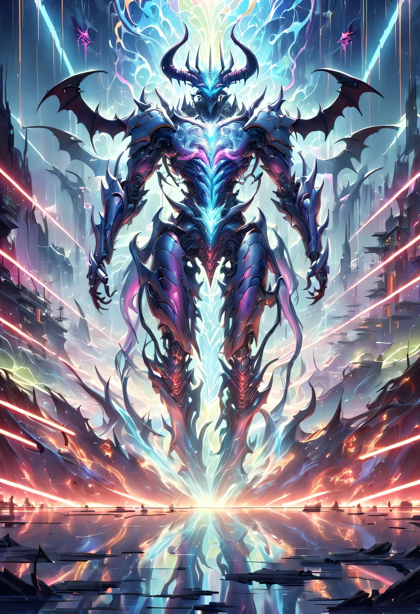(Demon battlefield背景:1.8),On the war zone,There are a lot of wars,Gunsmoke fills,Demon battlefield,Mechanical Lich King,Lich King future weapons,mechanical structure,High-tech equipment,magical beings,liquid metal,Copper plate engraving,Sci-fi transparent ethereal warrior,Metallic,Retro cyberpunk,Surrealism,The Arthur effect, transparent body, Gradient translucent glass melt, Caustics, transparent glass texture, rainbow colors, Designed by Dietrams, simple, Shining with rich details, Demon battlefield, industrial design, Overclocked renderer, Clean shadows, 4K,cyberpunk,Holographic projection,The art of mathematics,mechanical aesthetics,neon lights,laser light,fluorescence,glow effect,liquid metal,Copper plate engraving,Unreal Engine