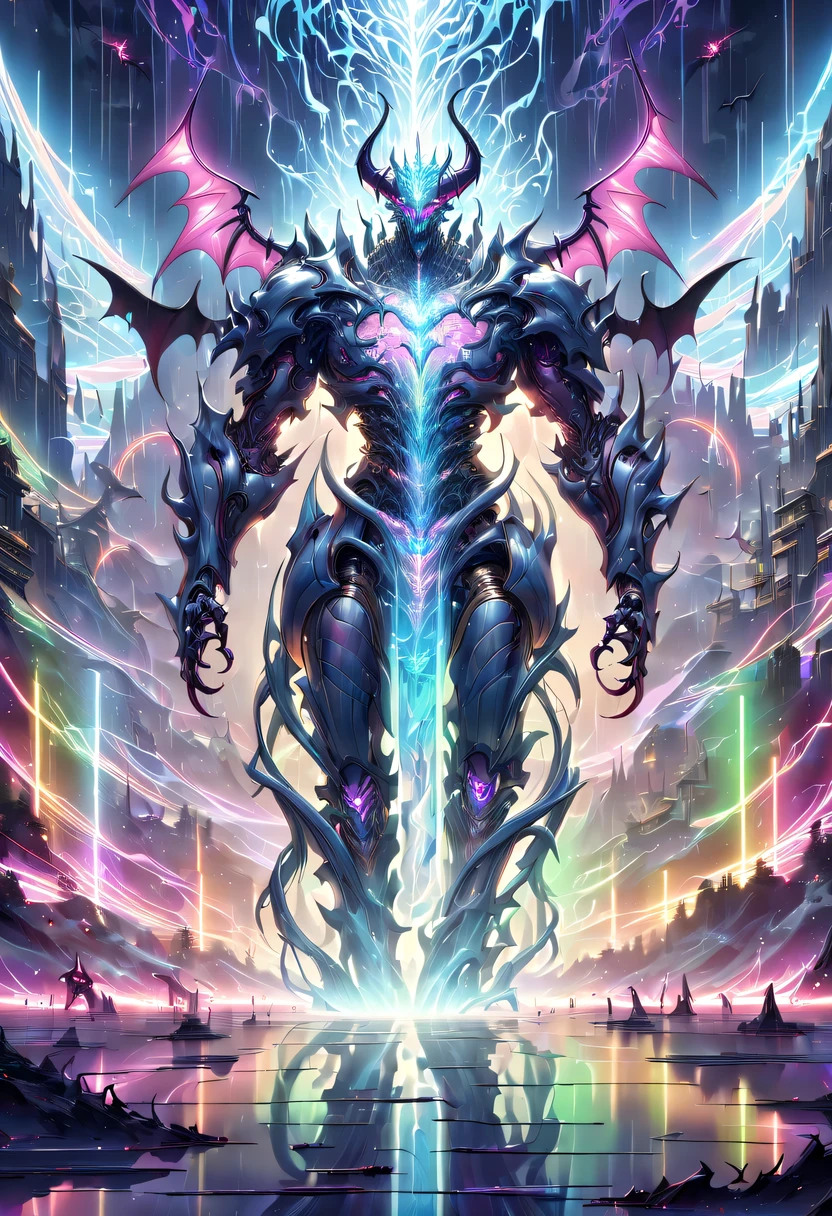 (Demon battlefield背景:1.8),On the war zone,There are a lot of wars,Gunsmoke fills,Demon battlefield,Mechanical Lich King,Lich King future weapons,mechanical structure,High-tech equipment,magical beings,liquid metal,Copper plate engraving,Sci-fi transparent ethereal warrior,Metallic,Retro cyberpunk,Surrealism,The Arthur effect, transparent body, Gradient translucent glass melt, Caustics, transparent glass texture, rainbow colors, Designed by Dietrams, simple, Shining with rich details, Demon battlefield, industrial design, Overclocked renderer, Clean shadows, 4K,cyberpunk,Holographic projection,The art of mathematics,mechanical aesthetics,neon lights,laser light,fluorescence,glow effect,liquid metal,Copper plate engraving,Unreal Engine