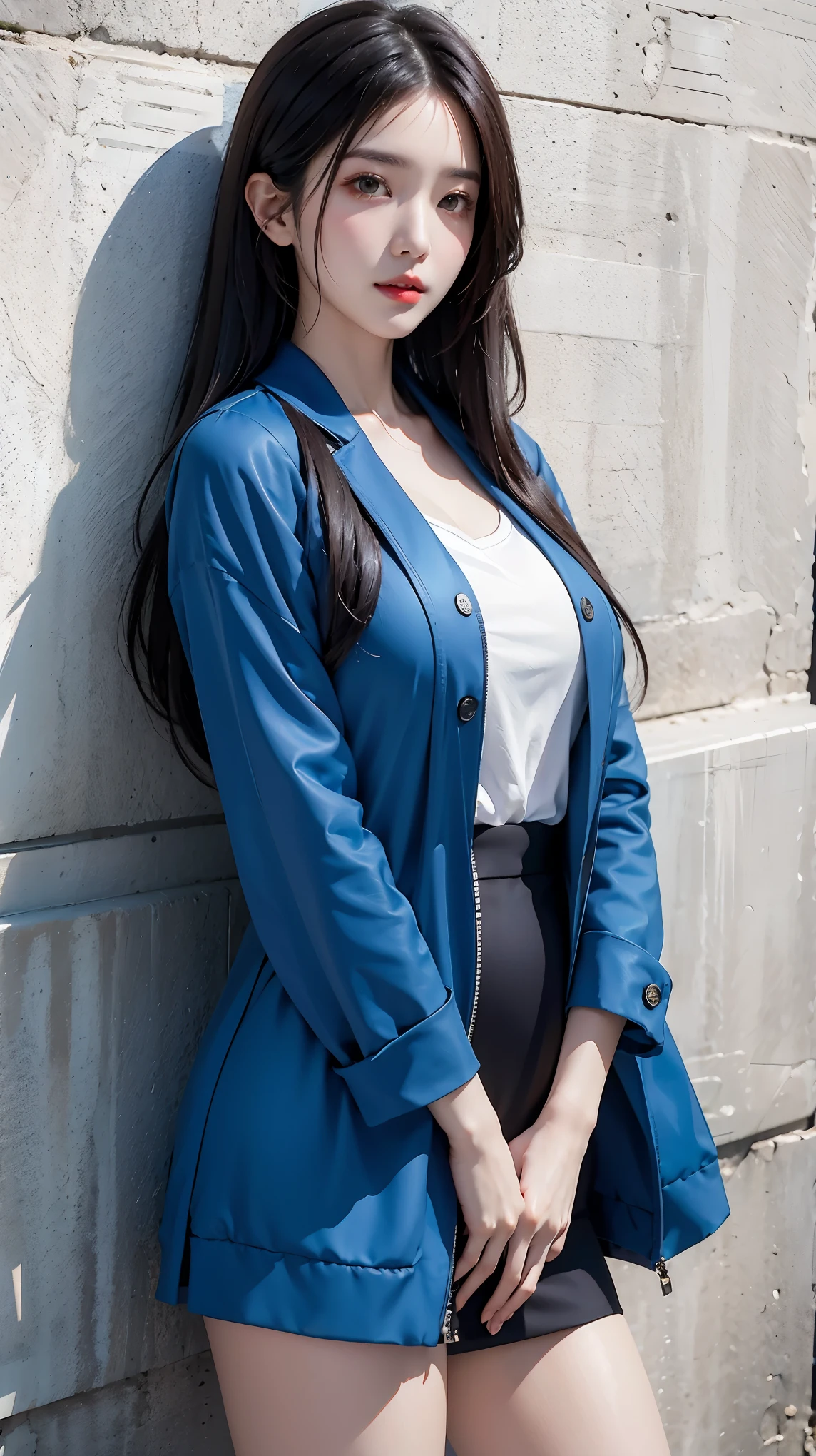 Asian woman in blue jacket against wall, close-up of face, side light