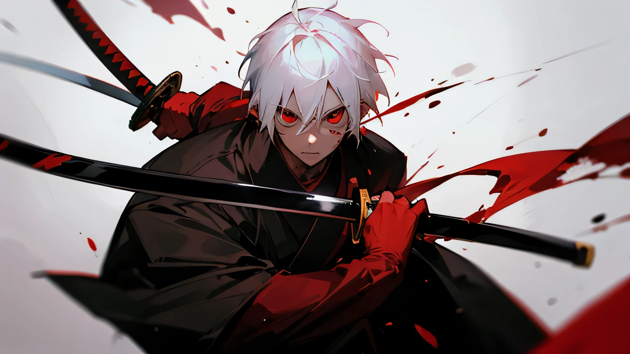 boy, with white hair, Red eyes, Katana in hand, covered in blood