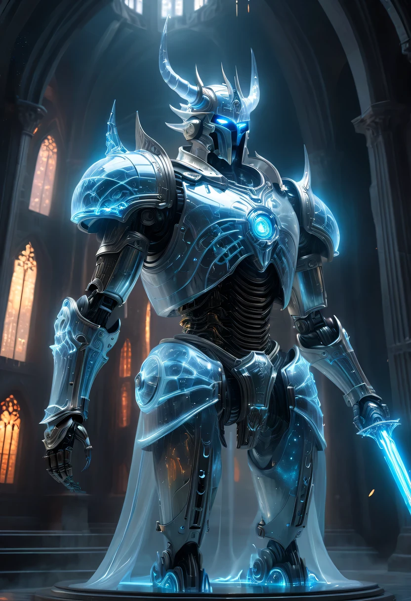 Translucent Ethereal Future Weapon Lich King,Spectacular high-tech space landscape,The integration of future technology and medieval cities,Medieval ancient palace,Medieval ancient bell tower,medieval antiquity,Translucent Ethereal Future Weapon Lich King,Model shooting style, (Extremely detailed CG unified 8k wallpaper), The beauty of abstract style,,Surrealism, 8k, Super details, best quality, Award-winning, anatomically correct, 16k, Super details,闪闪发光的neon lights,cosmic energy field,neon lights,laser light,fluorescence,space light,glow effect,androgynous lighting,rainbow foil,Unreal Engine,Deep hybrid minimalism,