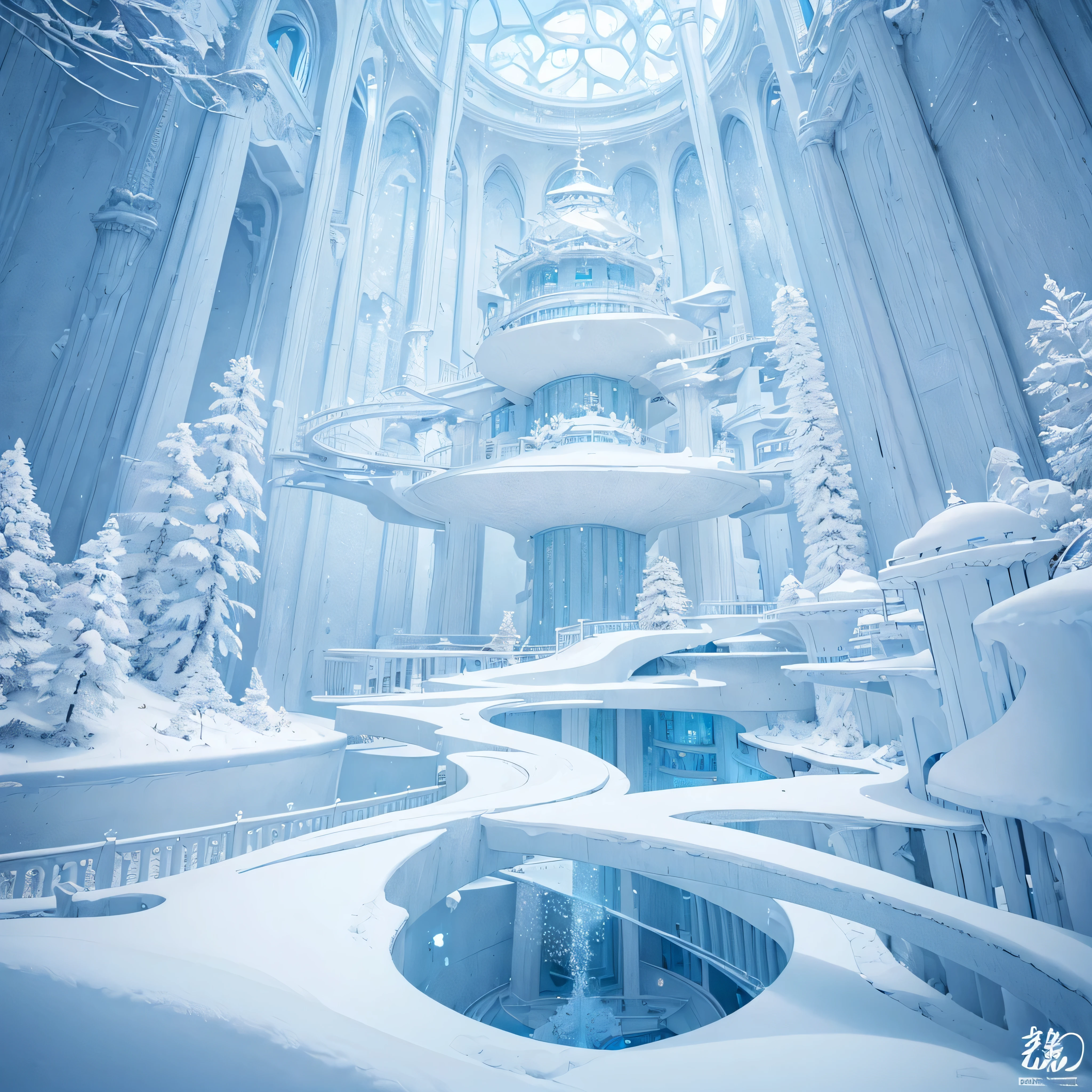 (Light blue-white tones，Shocking and magnificent uninhabited landscape，Silent Snow City World)，quiet，healing feeling，fantastic white feathers，snowflake crystal structure，best quality，masterpiece，Extremely complex and exquisite details