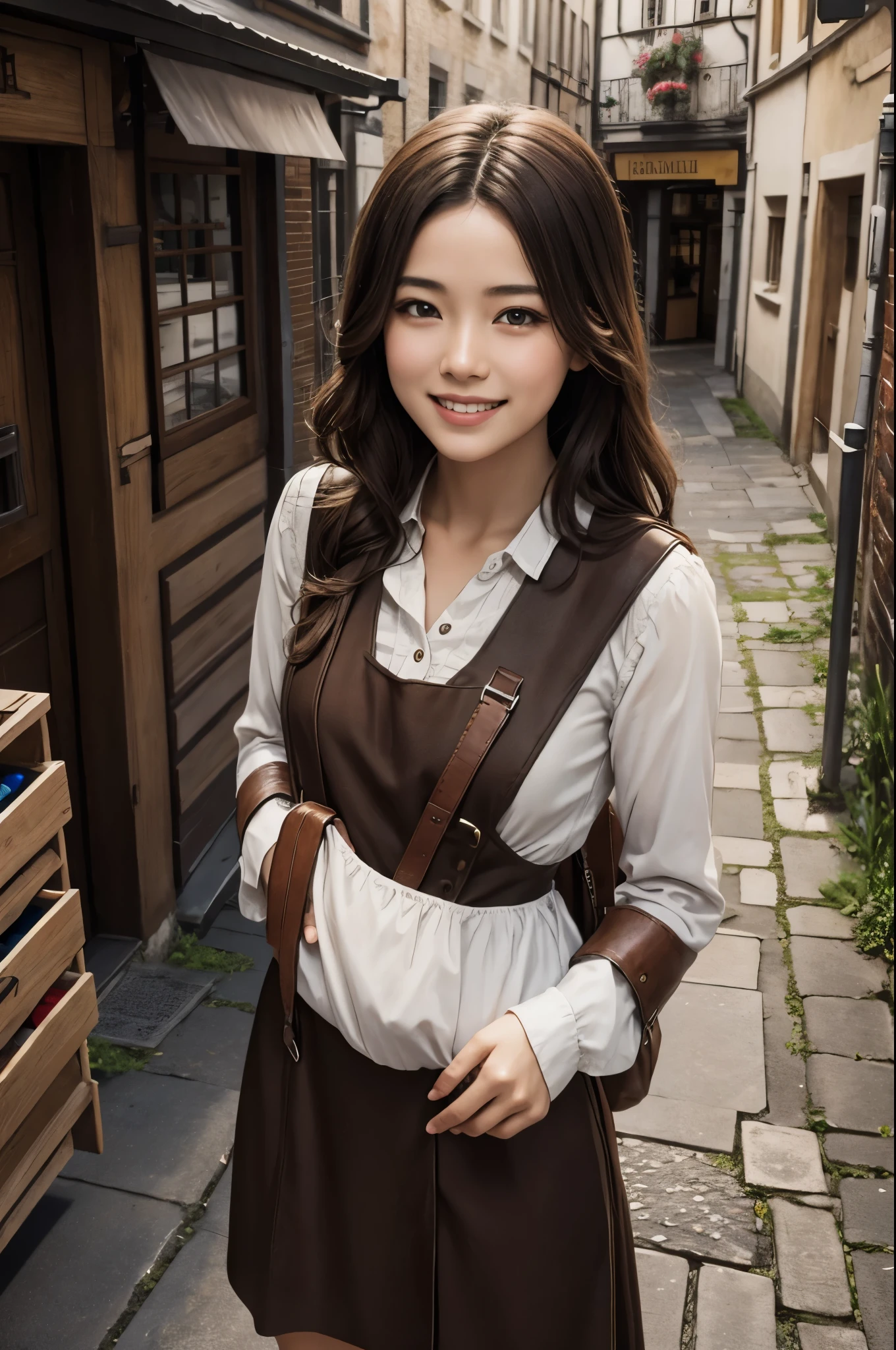 8K,A young medieval woman is shopping,smile,brown and white village girl,Brown skirt,brown hair,medieval shopping street,Photorealistic RAW photos of the highest quality。bright colors,rich colors, Backlight, cinematic lighting, film grain, to be born, 50mm lens, Nikon D850,realistic skin,fantasy art,character art,ultra high resolution,realistic skin,perspective from above,