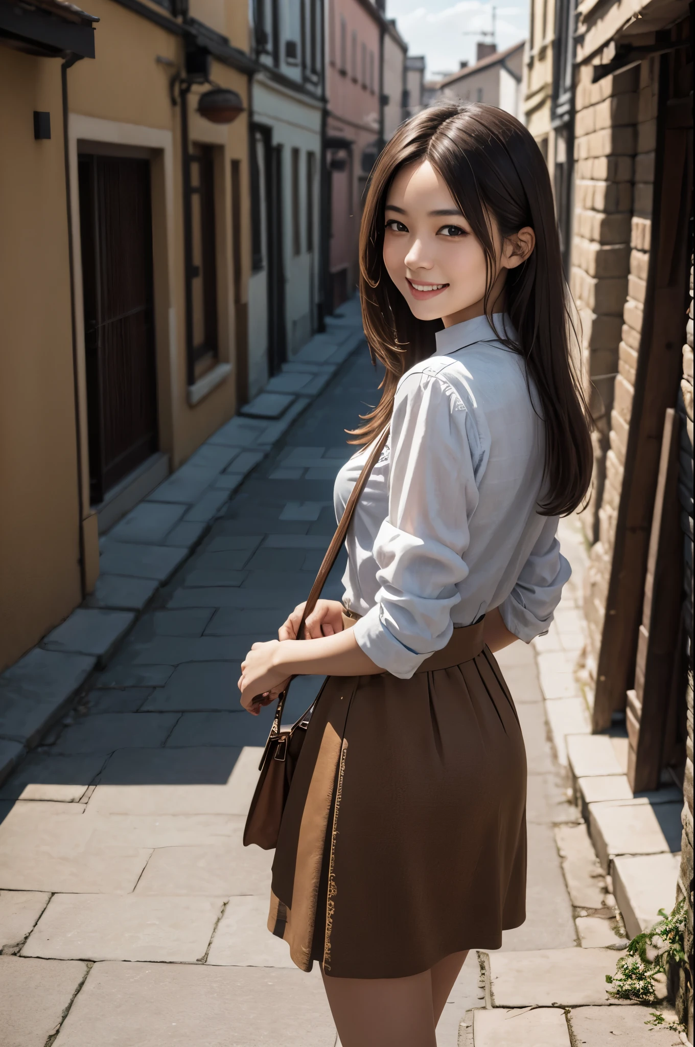8K,A young medieval woman is shopping,smile,brown and white village girl,Brown skirt,brown hair,medieval shopping street,Photorealistic RAW photos of the highest quality。bright colors,rich colors, Backlight, cinematic lighting, film grain, to be born, 50mm lens, Nikon D850,realistic skin,fantasy art,character art,ultra high resolution,realistic skin,perspective from above,