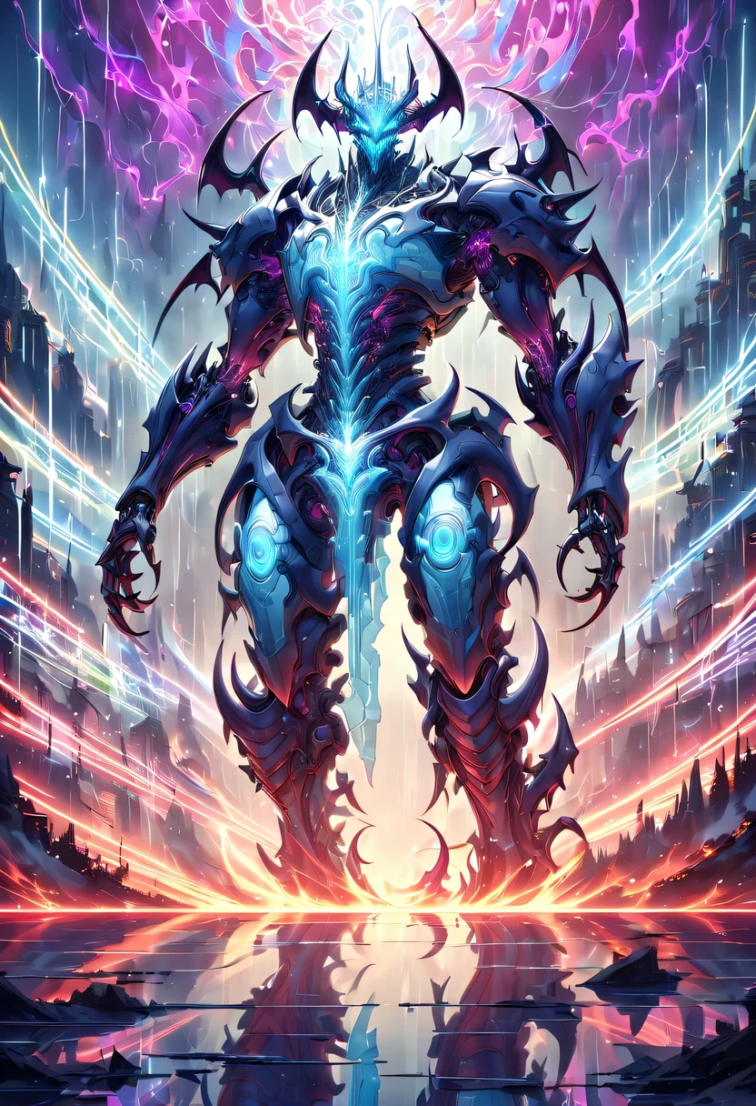 (Demon battlefield背景:1.8),On the war zone,There are a lot of wars,Gunsmoke fills,Demon battlefield,Mechanical Lich King,Lich King future weapons,mechanical structure,High-tech equipment,magical beings,liquid metal,Copper plate engraving,Sci-fi transparent ethereal warrior,Metallic,Retro cyberpunk,Surrealism,The Arthur effect, transparent body, Gradient translucent glass melt, Caustics, transparent glass texture, rainbow colors, Designed by Dietrams, simple, Shining with rich details, Demon battlefield, industrial design, Overclocked renderer, Clean shadows, 4K,cyberpunk,Holographic projection,The art of mathematics,mechanical aesthetics,neon lights,laser light,fluorescence,glow effect,liquid metal,Copper plate engraving,Unreal Engine