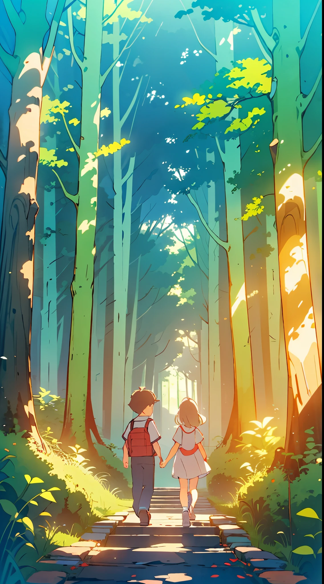 a serene forest path becomes a haven for two children walking hand in hand. towering trees envelop the scene, and ethereal light beams pierce through the branches, creating a captivating ambiance. the lush greenery and the connection between the children evoke a sense of tranquility and harmony