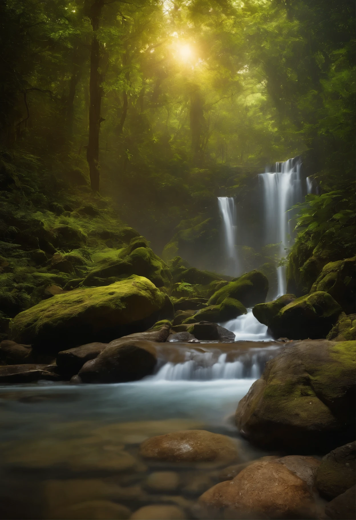 A mystical journey through an ancient forest, where young character meets a wise old man and learn valuable life lessons. iluminador, transformative and magical, encantador, ethereal. outro mundo. misterioso, espiritual e comovente. create an atmosphere of mystery and spiritual depth. profundo, thought-provoking and philosophical, Valuable life lessons learned,Khmer castle in a big forest that looks mysterious