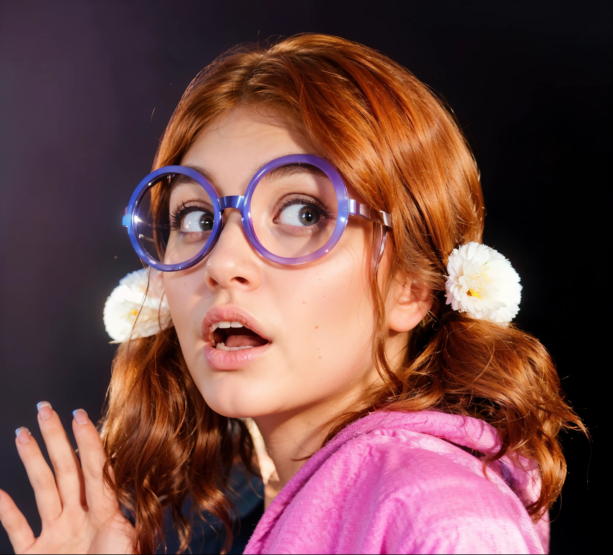 scared girl with orange glossy hair, beautiful girl, satin skin with natural texture, ultra realistic hyper realistic body skin texture ultra realistic a girl with the emotion of fear with an open mouth, with long brown ponytails, black round glasses, wearing a bright shirt and glasses, stretches out her hands. She has a frightened expression on her face, perfect smooth skin. with long brown hair and glasses, smoot, multiple light sources, rim light, sharp post effects render, perfect cgi, anthropomorphic cat, digital art, detailed digital art, reflective, best quality, 4k, masterpiece:1.2, ultra-detailed, realistic, vivid colors, dark and moody lighting, The image of the highest quality, ensuring every detail showcased perfectly. It in 4k resolution, allowing viewers to immerse themselves in the richness of the colors and intricate details. The realistic rendering. under the spotlight, reflecting, high-resolution image, realistic rendering, dark background, and rim light