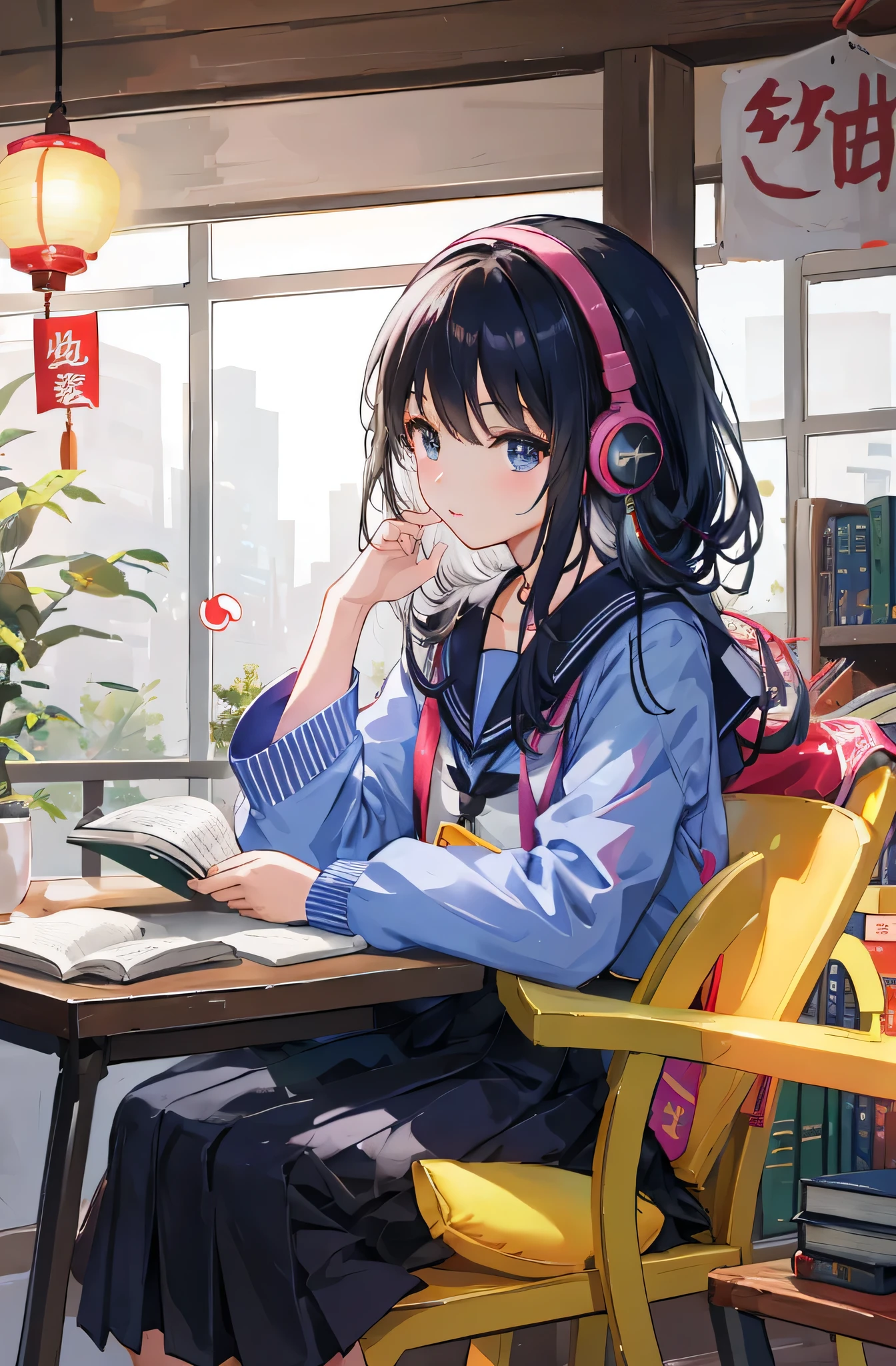 arafed asian girl sitting in a chair read a book, In the library读书, student, 穿着日本student服, Qingfu, read new books, read a book, Girls wear, In the library, 日本女student校服, books library study, lofi girl, Shot with Canon 80D, studying in a brightly lit room,Carry watch in left hand,Bring wired headphones