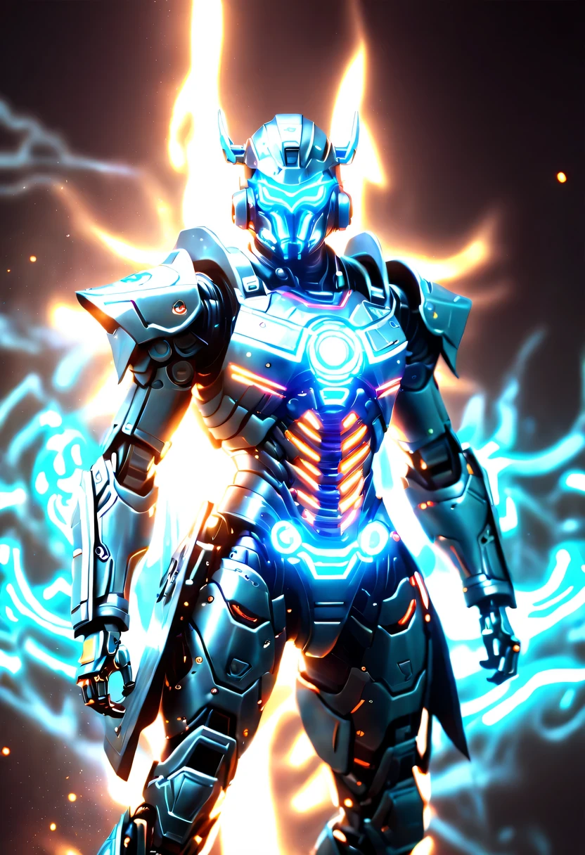 (battlefield background:1.8),On the war zone,There are a lot of wars,Gunsmoke fills,(Legendary Energy Light Warrior:1.5),Sci-fi transparent ethereal shield,future warrior,Mechanical Warrior,mechanical structure,cyberpunk,Holographic projection,fault art,mechanical aesthetics,neon lights,laser light,fluorescence,glow effect,liquid metal,Copper plate engraving,Unreal Engine
