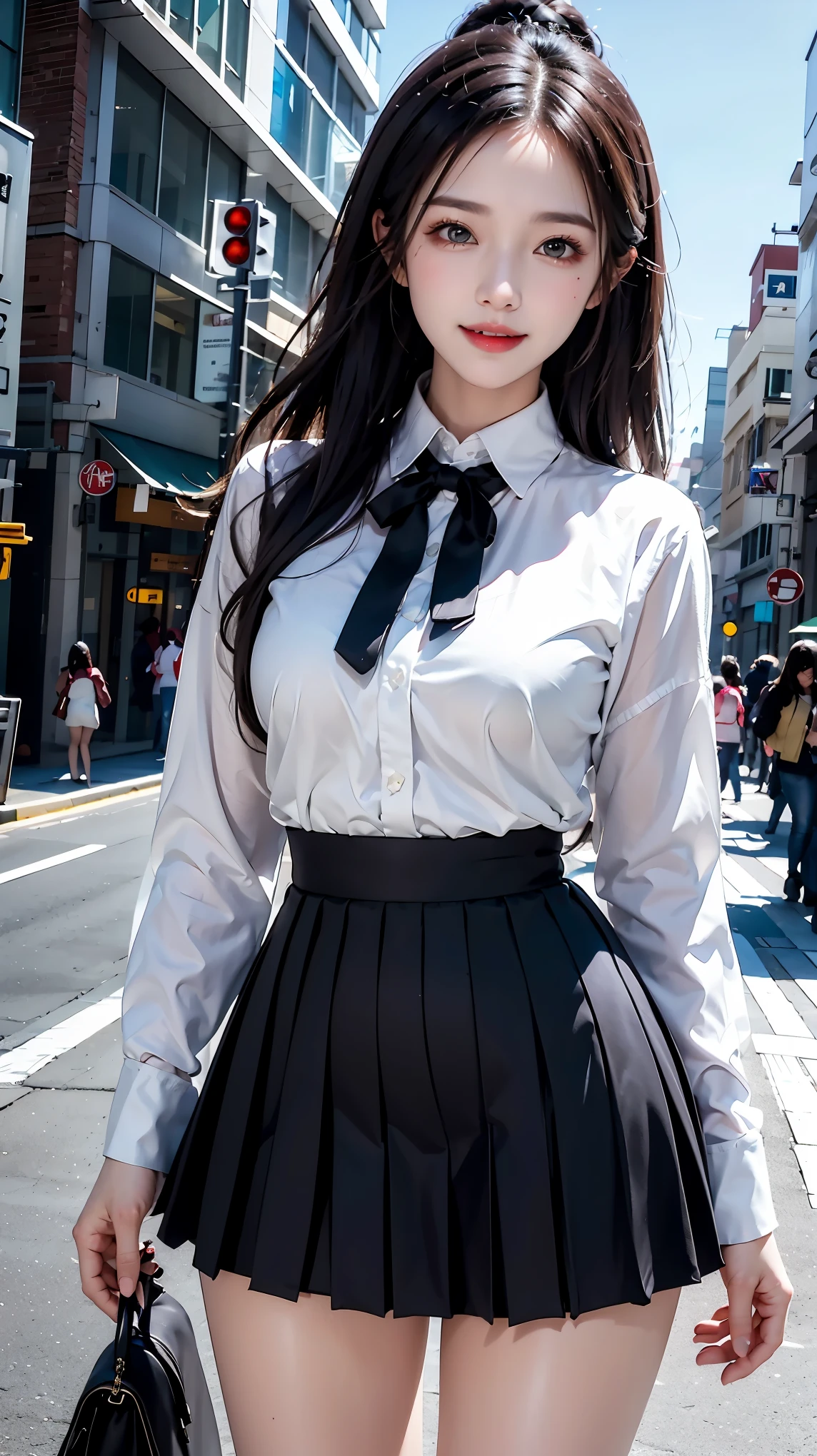 (morning), 1girl, 独奏, 看着观众, winter, cowboy shot, (downtown), cowboy shot, smile, black hair