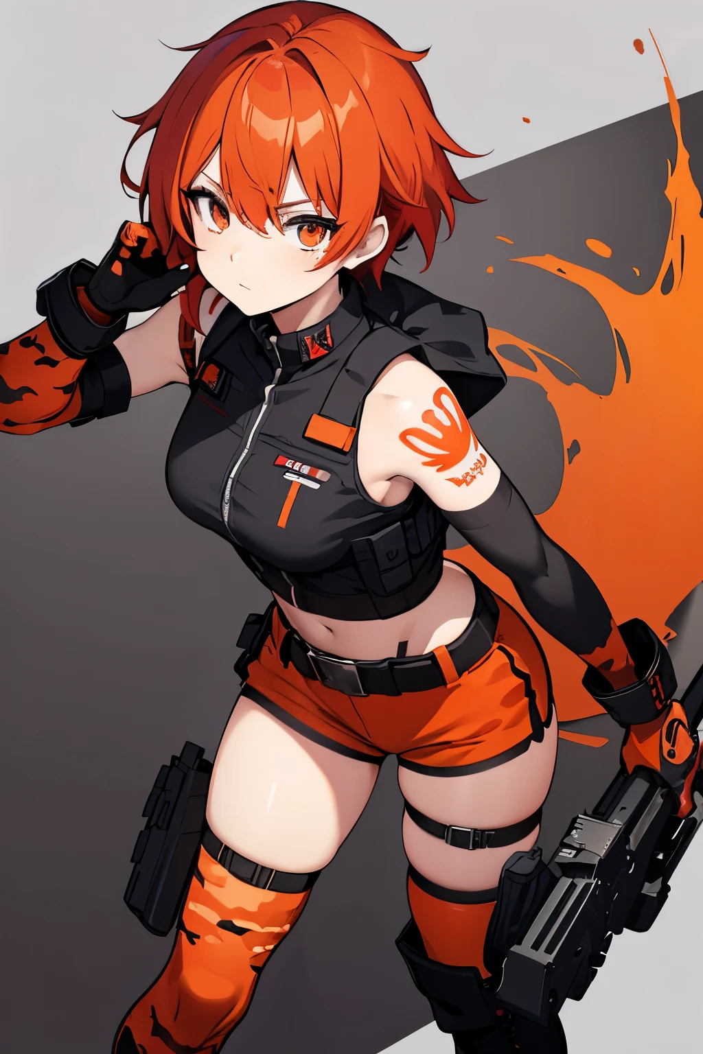 girl, standing pose, leaning against grey greatsword, twintail long hair, double layered skirt, open jacket, leggings, orange and grey clothes, orange hair, fantasy style clothing