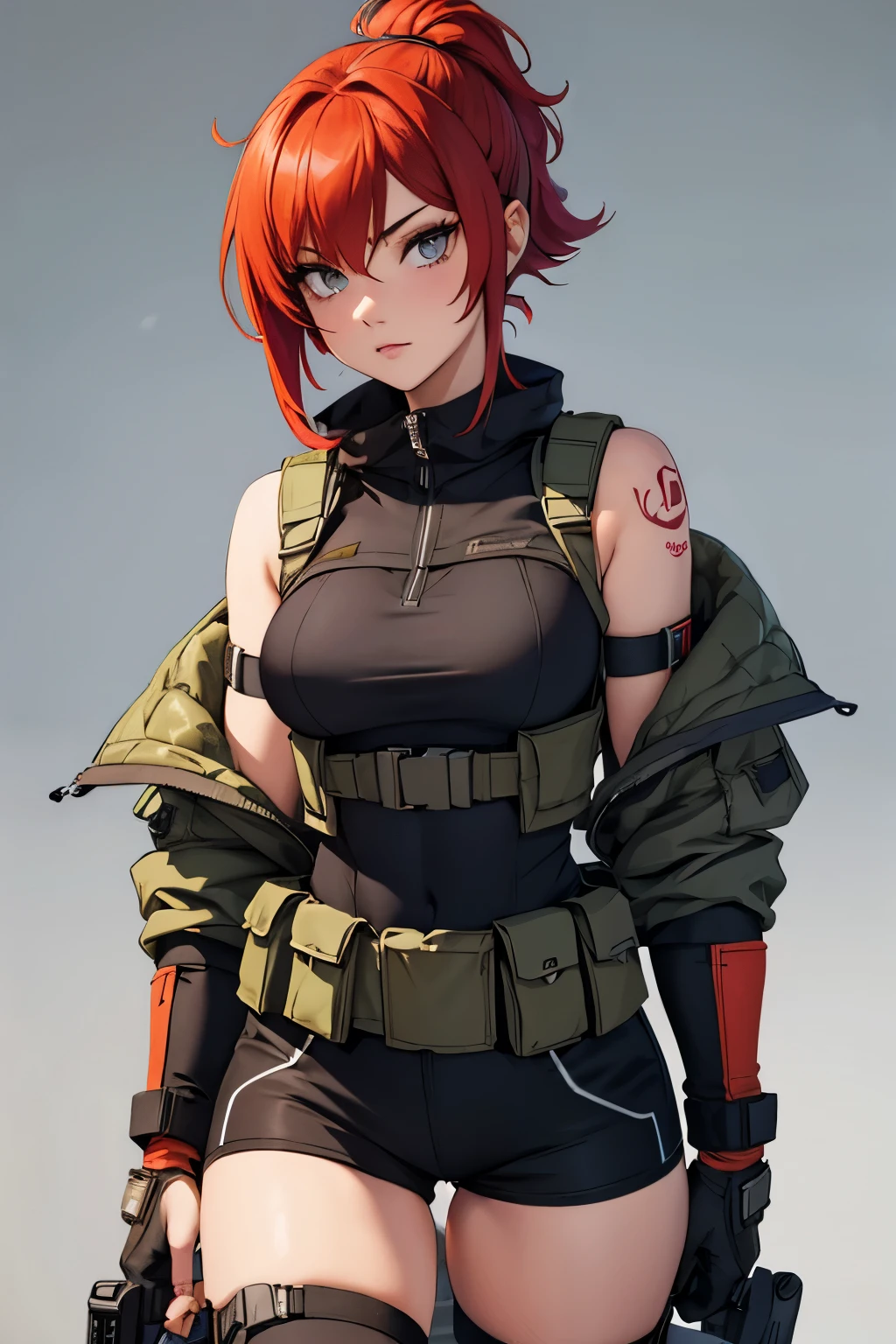 Point Blank style character, sketch drawing, colorful, detailed art, girl with red hair emo style, soft red makeup around her eyes, in a black top with military vest, in short orange camouflage military shorts, with tattoo on her shoulder and thigh , wearing gloves in a dynamic pose