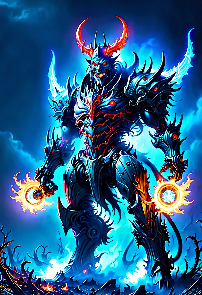 (Demon battlefield背景:1.8),On the war zone,There are a lot of wars,Gunsmoke fills,Demon battlefield,Mechanical Lich King,Lich King future weapons,mechanical structure,High-tech equipment,magical beings,cyberpunk,Holographic projection,fault art,mechanical aesthetics,neon lights,laser light,fluorescence,glow effect,liquid metal,Copper plate engraving,Unreal Engine