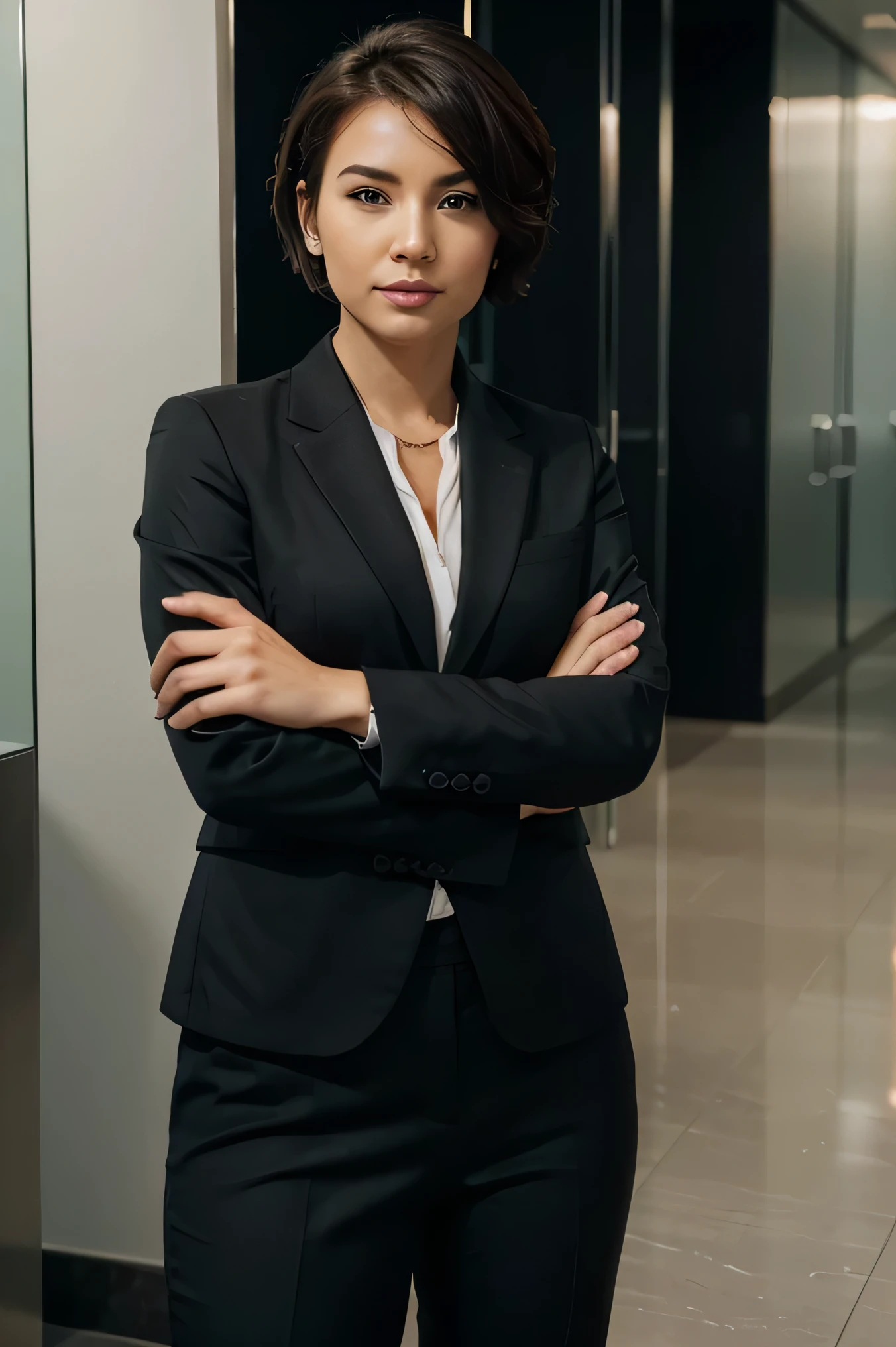 linkedin profile image of professional woman executive in chic suit and short hair