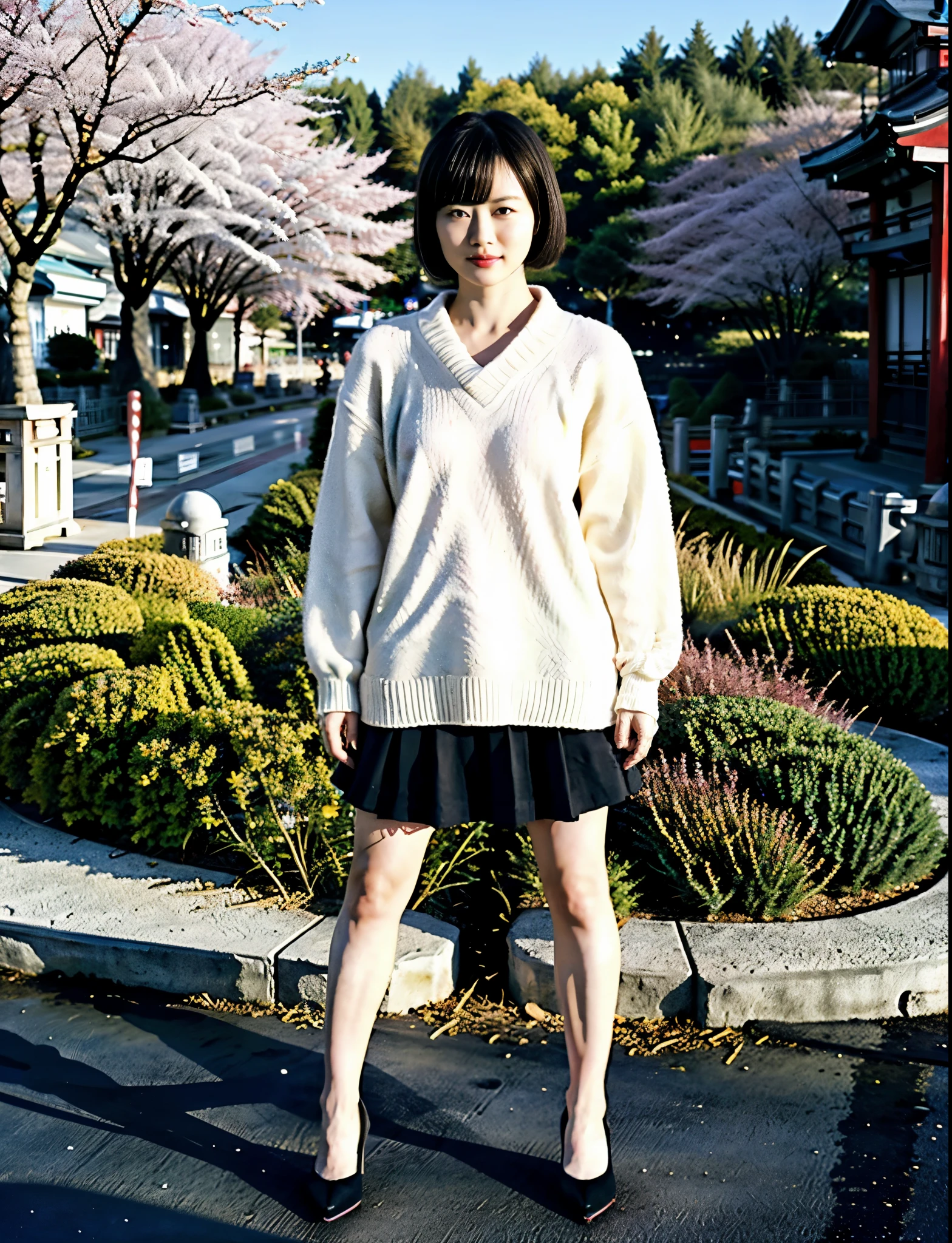 (masterpiece, very detailed, highest quality:1.3), 16k, (full body:1.9), (ultra high resolution:1.6), (ultra high res:1.7), (Like the photo), (real japanese face:1.9), (1 Japanese woman:1.8), (standing with legs apart:1.7), 30 years old, (Sweaters, black long skirts:1.8), (Makeup:1.5), (accurate human hands and fingers:1.5), (5real finger), (medium bob cut:1.2), (pointed toe pumps:1.6), (桜:1.6), (昼:1.5), sunny, street, cinematic lighting,