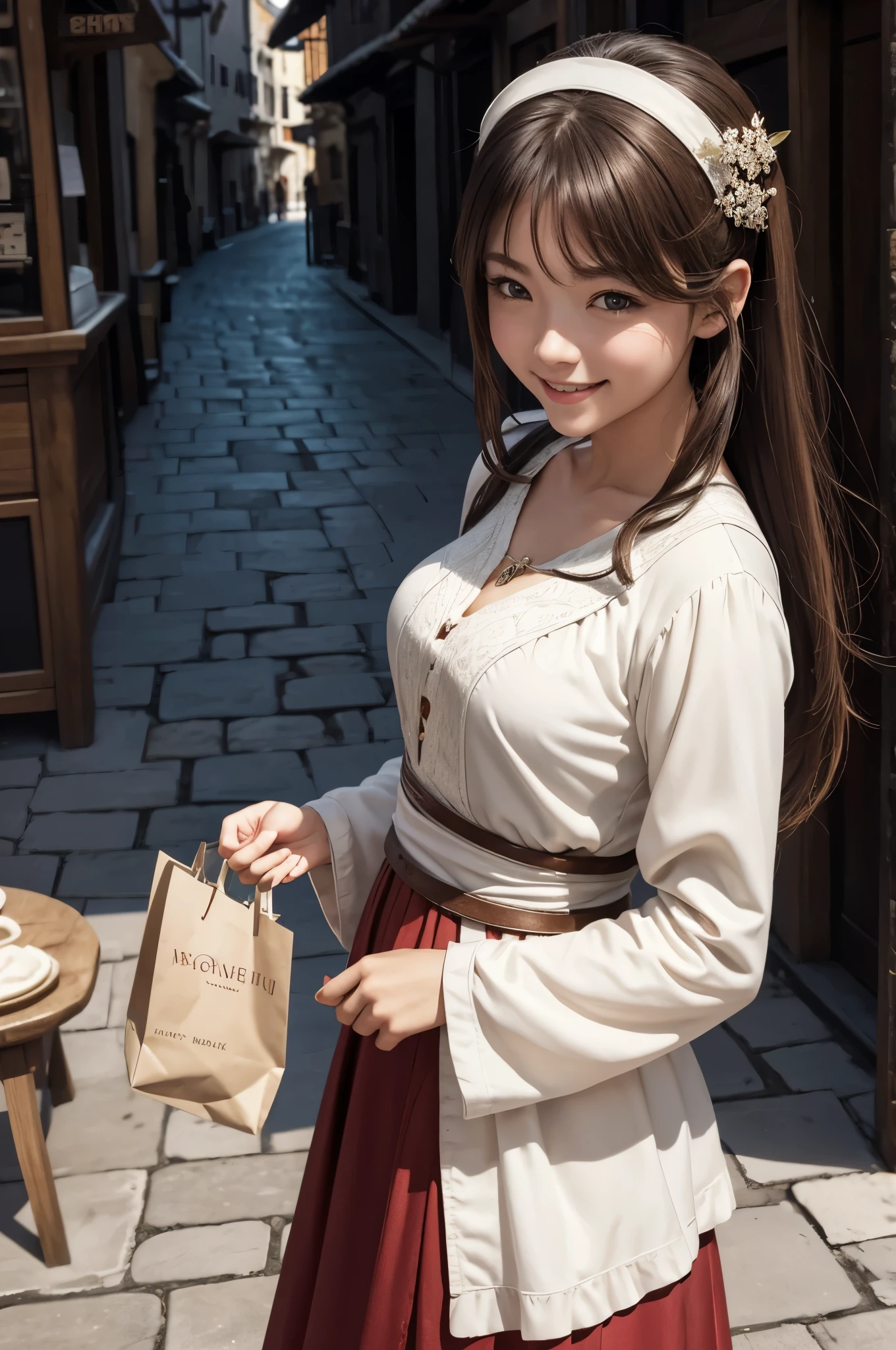8K,A young medieval woman is shopping,smile,brown and white village girl,Brown skirt,brown hair,medieval shopping street,Photorealistic RAW photos of the highest quality。bright colors,rich colors, Backlight, cinematic lighting, film grain, to be born, 50mm lens, Nikon D850,realistic skin,fantasy art,character art,ultra high resolution,realistic skin,perspective from above,
