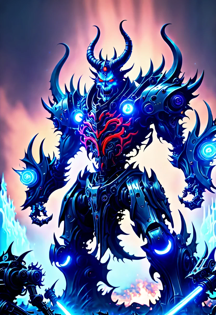 (Demon battlefield背景:1.8),On the war zone,There are a lot of wars,Gunsmoke fills,Demon battlefield,Mechanical Lich King,Lich King future weapons,mechanical structure,High-tech equipment,magical beings,cyberpunk,Holographic projection,fault art,mechanical aesthetics,neon lights,laser light,fluorescence,glow effect,liquid metal,Copper plate engraving,Unreal Engine