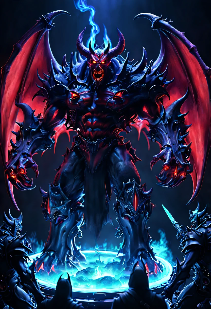 (Demon battlefield背景:1.8),On the war zone,There are a lot of wars,Gunsmoke fills,Demon battlefield,Mechanical Lich King,Lich King future weapons,mechanical structure,High-tech equipment,magical beings,cyberpunk,Holographic projection,fault art,mechanical aesthetics,neon lights,laser light,fluorescence,glow effect,liquid metal,Copper plate engraving,Unreal Engine