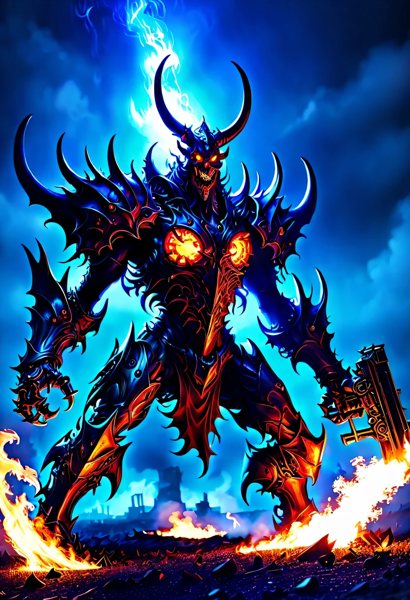 (Demon battlefield背景:1.8)，On the war zone，There are a lot of wars，Gunsmoke fills，Demon battlefield，Mechanical Lich King，Lich King future weapons，mechanical structure，High-tech equipment，magical beings，cyberpunk，Holographic projection，fault art，mechanical aesthetics，neon lights，laser light，fluorescence，glow effect，liquid metal，Copper plate engraving，Unreal Engine