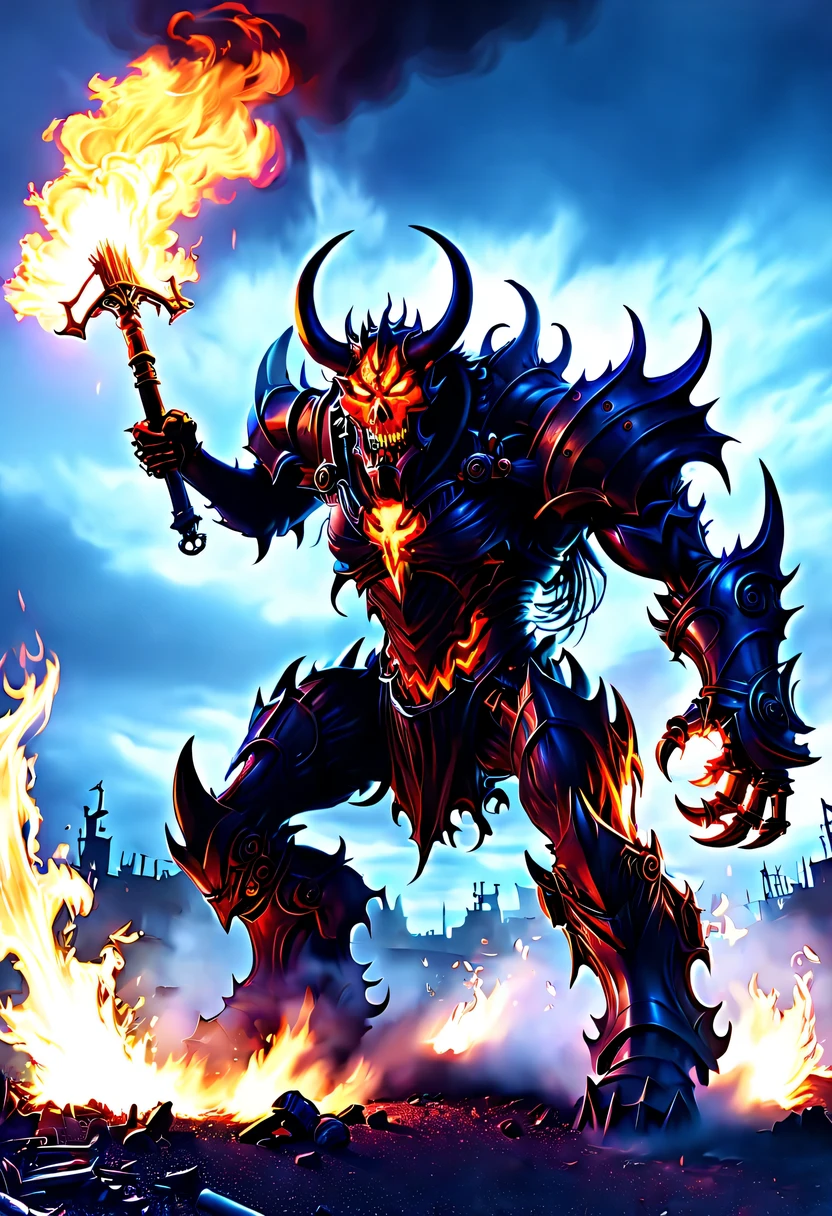 (Demon battlefield背景:1.8),On the war zone,There are a lot of wars,Gunsmoke fills,Demon battlefield,Mechanical Lich King,Lich King future weapons,mechanical structure,High-tech equipment,magical beings,cyberpunk,Holographic projection,fault art,mechanical aesthetics,neon lights,laser light,fluorescence,glow effect,liquid metal,Copper plate engraving,Unreal Engine
