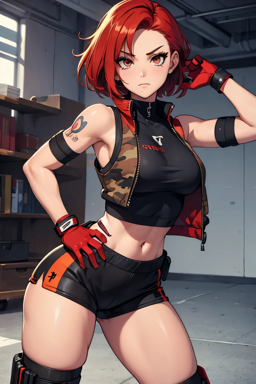 gwendolyn_tennyson, 1girl, solo,green eyes, short hair, orange hair, earrings, underwear, teen, big breasts, slutty pose, fishnet stockings,black  slutty outfit,sfw, gigantic tits