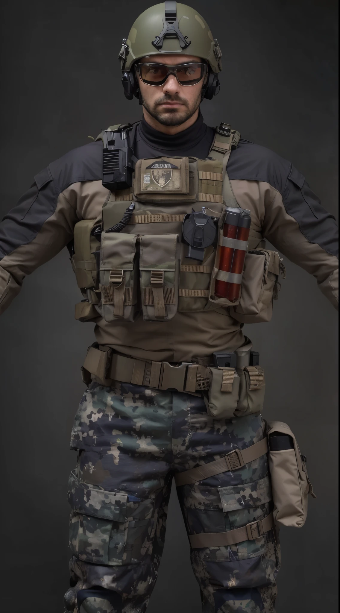 (masterpiece),(best quality:1.0),(ultra highres:1.0), closeup, 1 man , special forces, serious look, face focus, beard , tactical helmet, clear lenses, microphone, camouflage pants, wallpaper 8k, full body