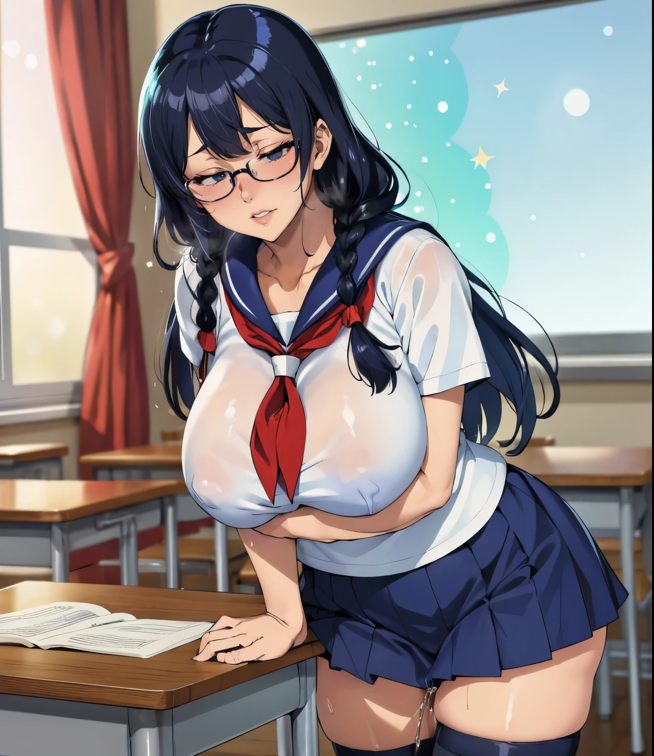 (front、background bokeh:1.4)、(School、classroom)、(kiss face、Close ~ eyes)、Super detailed illustrations、Super precise expression、masterpiece、highest quality、ultra High resolution、High resolution、Support your chest with your arms、(big breasts、Sweat、body fluid、shiny skin:1.4)、((Glasses))、(black hair、long hair、Braid、Patsun bangs)、(embarrassed face:1.5)、Standing picture、(sailor suit, Navy blue miniskirt,knee socks ), (Mommyfy)、(table sex、crotch rub
masturbation)