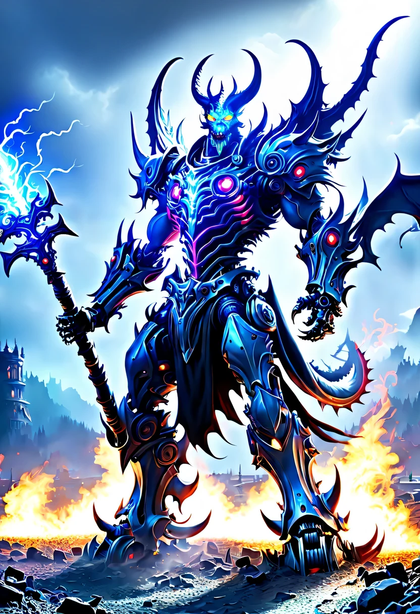(Demon battlefield背景:1.8),On the war zone,There are a lot of wars,Gunsmoke fills,Demon battlefield,Mechanical Lich King,Lich King future weapons,mechanical structure,High-tech equipment,magical beings,cyberpunk,Holographic projection,fault art,mechanical aesthetics,neon lights,laser light,fluorescence,glow effect,liquid metal,Copper plate engraving,Unreal Engine