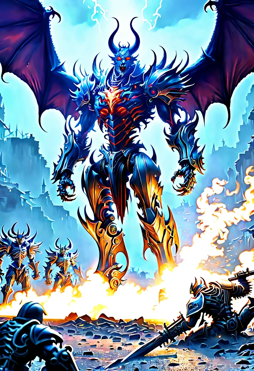 (Demon battlefield背景:1.8),On the war zone,There are a lot of wars,Gunsmoke fills,Demon battlefield,Mechanical Lich King,Lich King future weapons,mechanical structure,High-tech equipment,magical beings,cyberpunk,Holographic projection,fault art,mechanical aesthetics,neon lights,laser light,fluorescence,glow effect,liquid metal,Copper plate engraving,Unreal Engine