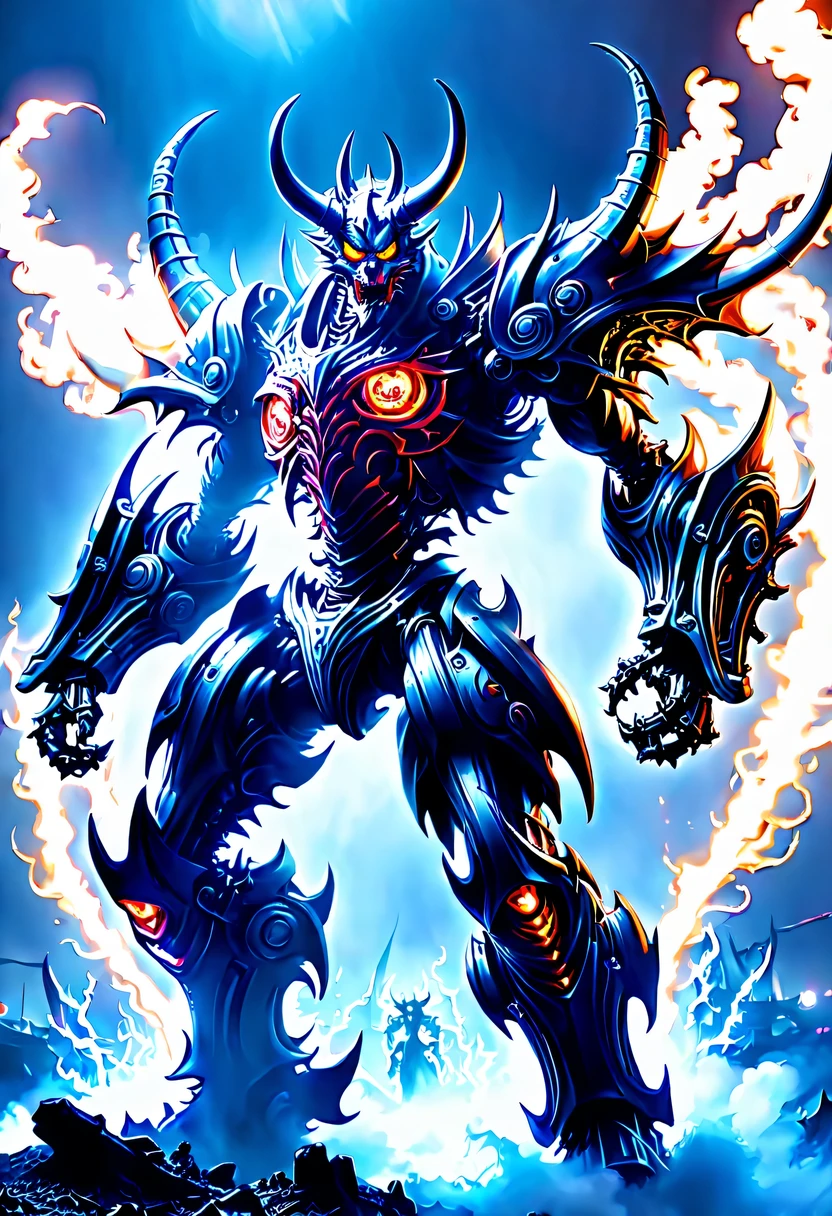 (Demon battlefield背景:1.8),On the war zone,There are a lot of wars,Gunsmoke fills,Demon battlefield,Mechanical Lich King,Lich King future weapons,mechanical structure,High-tech equipment,magical beings,cyberpunk,Holographic projection,fault art,mechanical aesthetics,neon lights,laser light,fluorescence,glow effect,liquid metal,Copper plate engraving,Unreal Engine