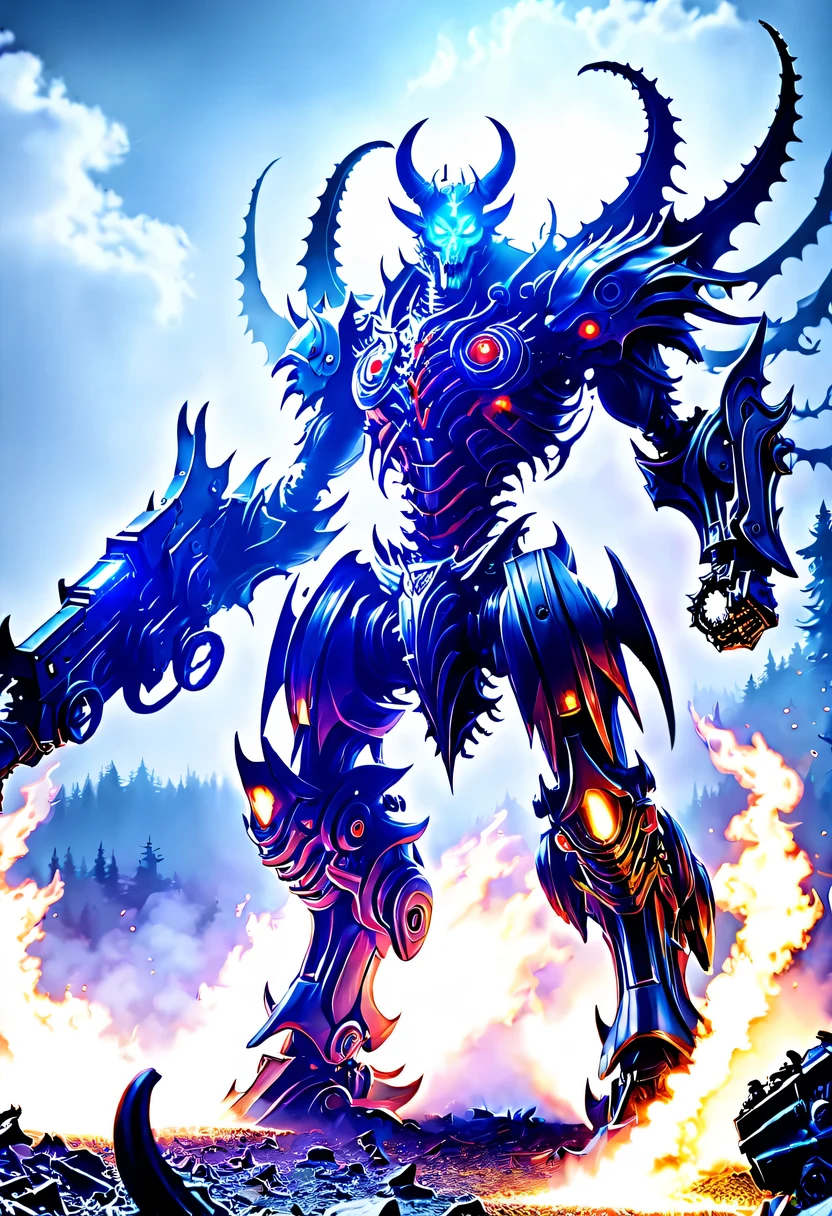 (Demon battlefield背景:1.8)，On the war zone，There are a lot of wars，Gunsmoke fills，Demon battlefield，Mechanical Lich King，Lich King future weapons，mechanical structure，High-tech equipment，magical beings，cyberpunk，Holographic projection，fault art，mechanical aesthetics，neon lights，laser light，fluorescence，glow effect，liquid metal，Copper plate engraving，Unreal Engine