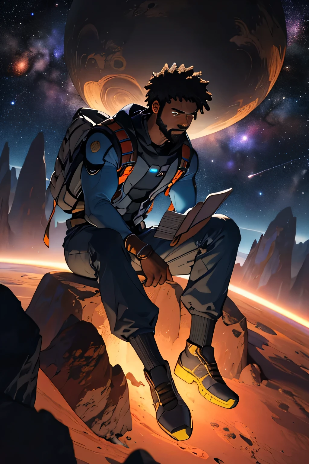 Draw a young African American, sitting on a research platform floating in the middle of an asteroid belt. He is studying with a notebook, surrounded by several asteroids glowing with fiery auras. Dramatic lighting from distant stars and planets illuminates the scene, casting deep shadows on the suit. The young man looks confident and determined, looking at the vast and mysterious universe with wonder and respect,facial hair, cowboy shot,