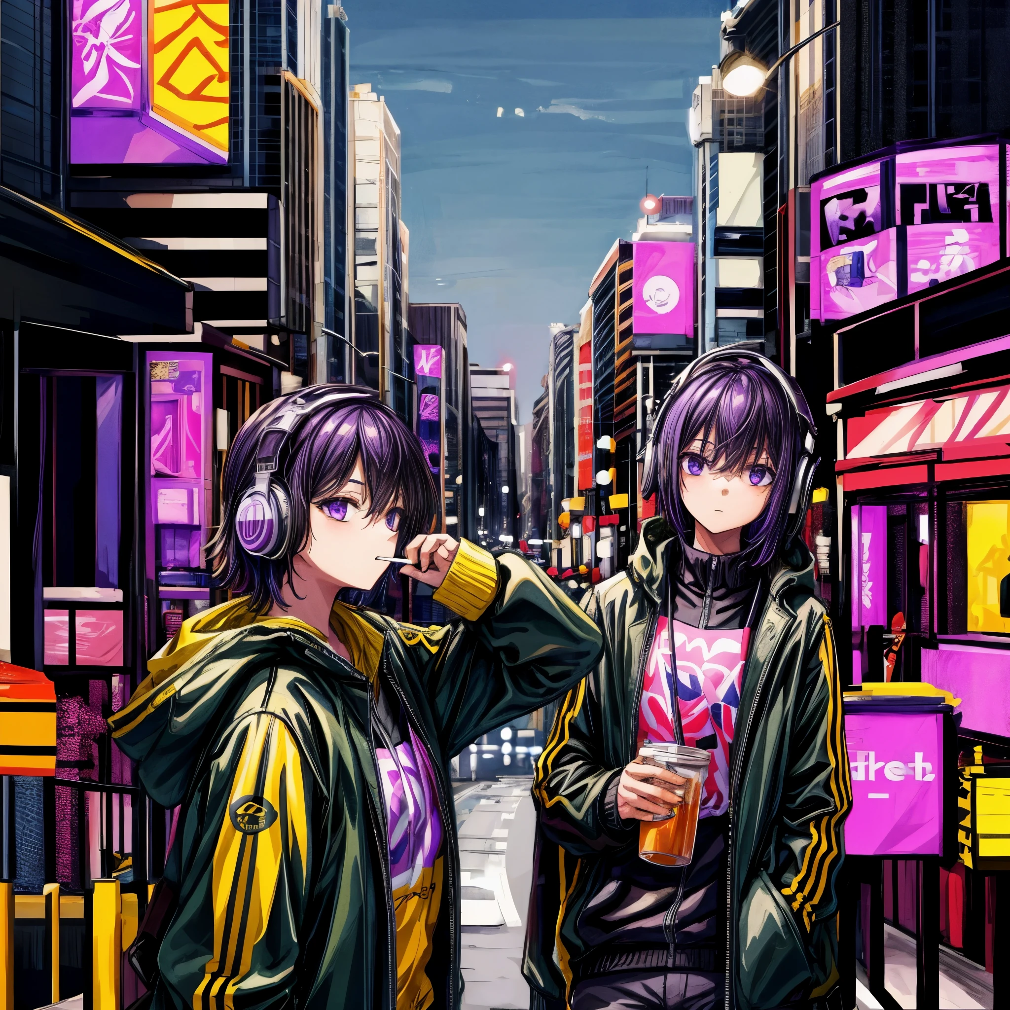 young boy, black and purple hair, all black outfit, smoking a cigarette with a purple cup of drink spilling out, hip-hop album cover, headphones
