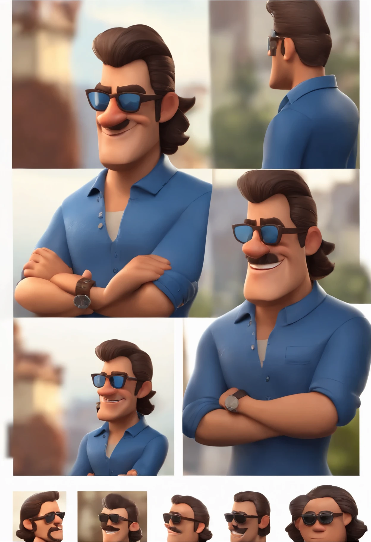 Cartoon character of a man in sunglasses, cabelo cacheado marrom escuro e uma camisa azul, animation character, Caractere estilizado, animation style rendering, 3D estilizado, Arnold Maya rendering, Stylized 3D rendering, toon render screenshot, Personagem 3D, Personagem 3D, Stylized 3D rendering, 3D character rendering, personagem de desenho animado, Personagem de close up, Pose de personagem, (Estilo Pixar) (parte mestre:1.2) (Bokeh) (melhor qualidade) (pele detalhada) (textura detalhada) (8k) (argila) (cinematic lighting) (sharp focus