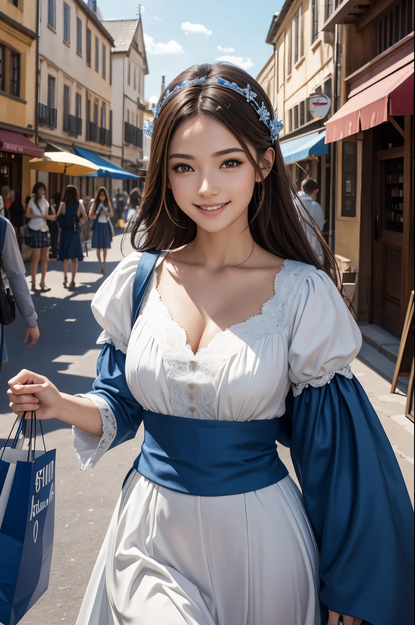 8K,A young medieval woman is shopping,smile,blue and white lady,white and blue skirt,brown hair,medieval shopping street,Photorealistic RAW photos of the highest quality。bright colors,rich colors, Backlight, cinematic lighting, film grain, to be born, 50mm lens, Nikon D850,realistic skin,fantasy art,character art,ultra high resolution,realistic skin,perspective from above,大きなsmile,hair ornaments,